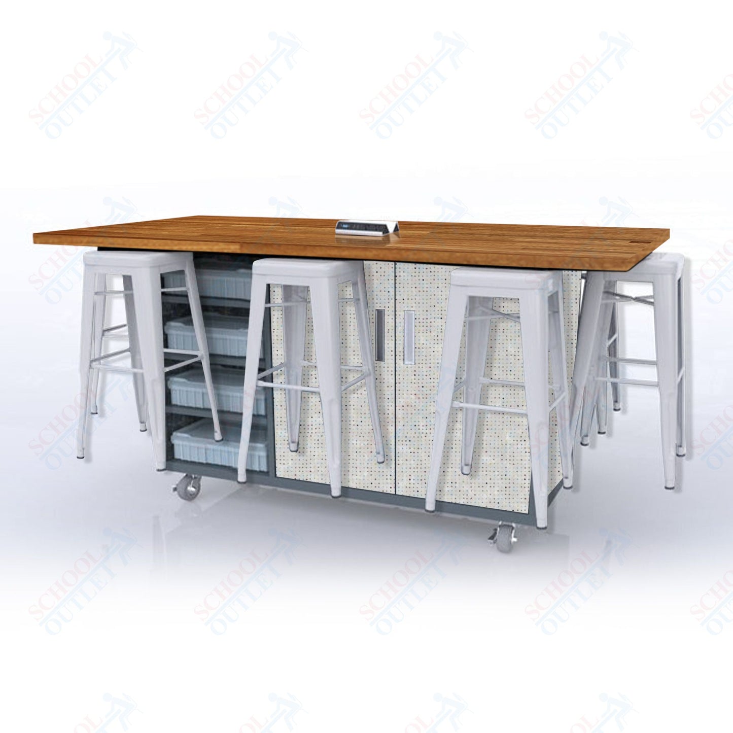 CEF ED8 Table 42"H Butcher Block Top, Laminate Base with 8 Stools, Storage bins, and Electrical Outlets Included.