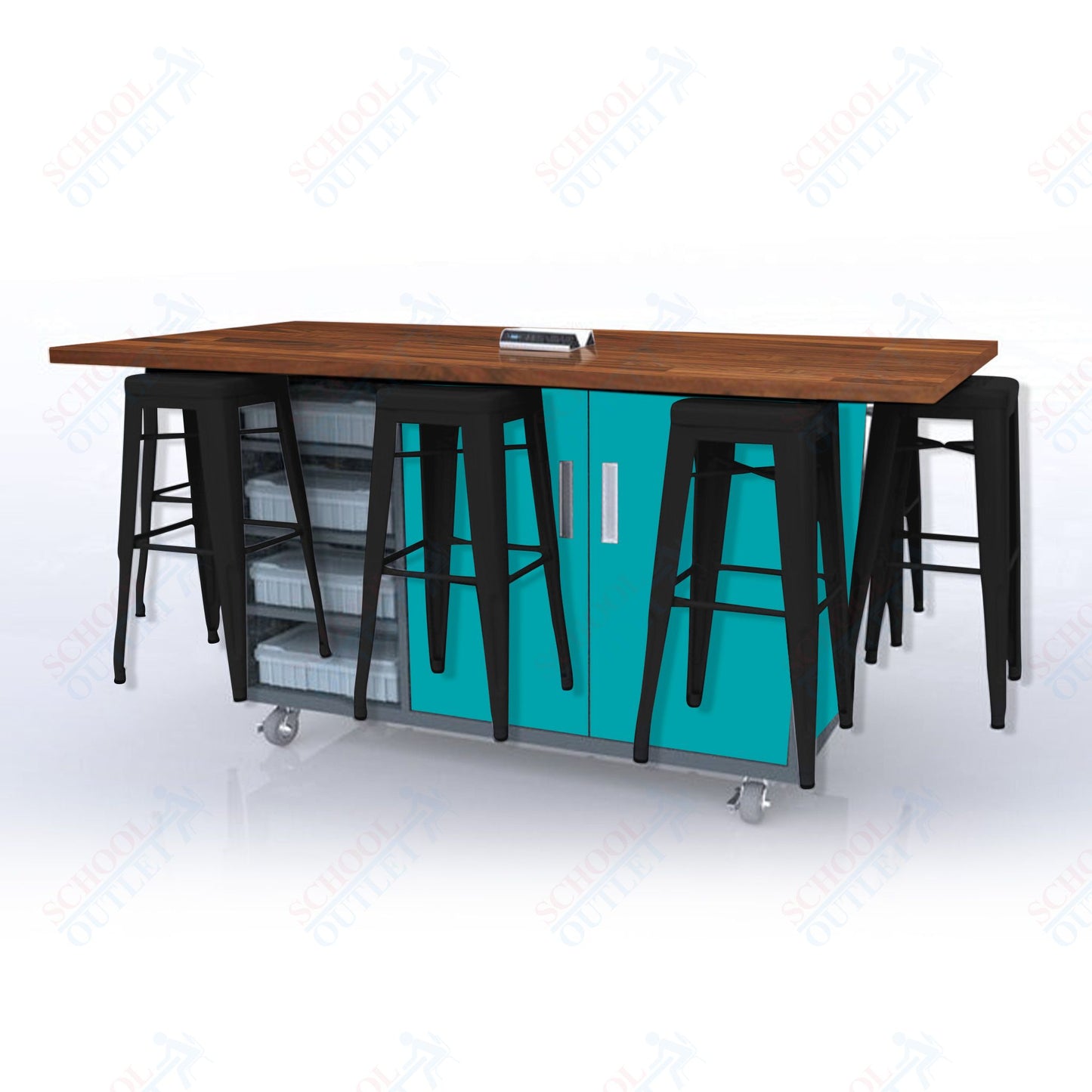 CEF ED8 Table 42"H Butcher Block Top, Laminate Base with 8 Stools, Storage bins, and Electrical Outlets Included.