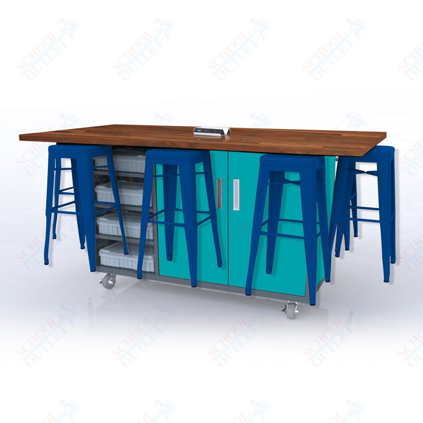 CEF ED8 Table 42"H Butcher Block Top, Laminate Base with 8 Stools, Storage bins, and Electrical Outlets Included.