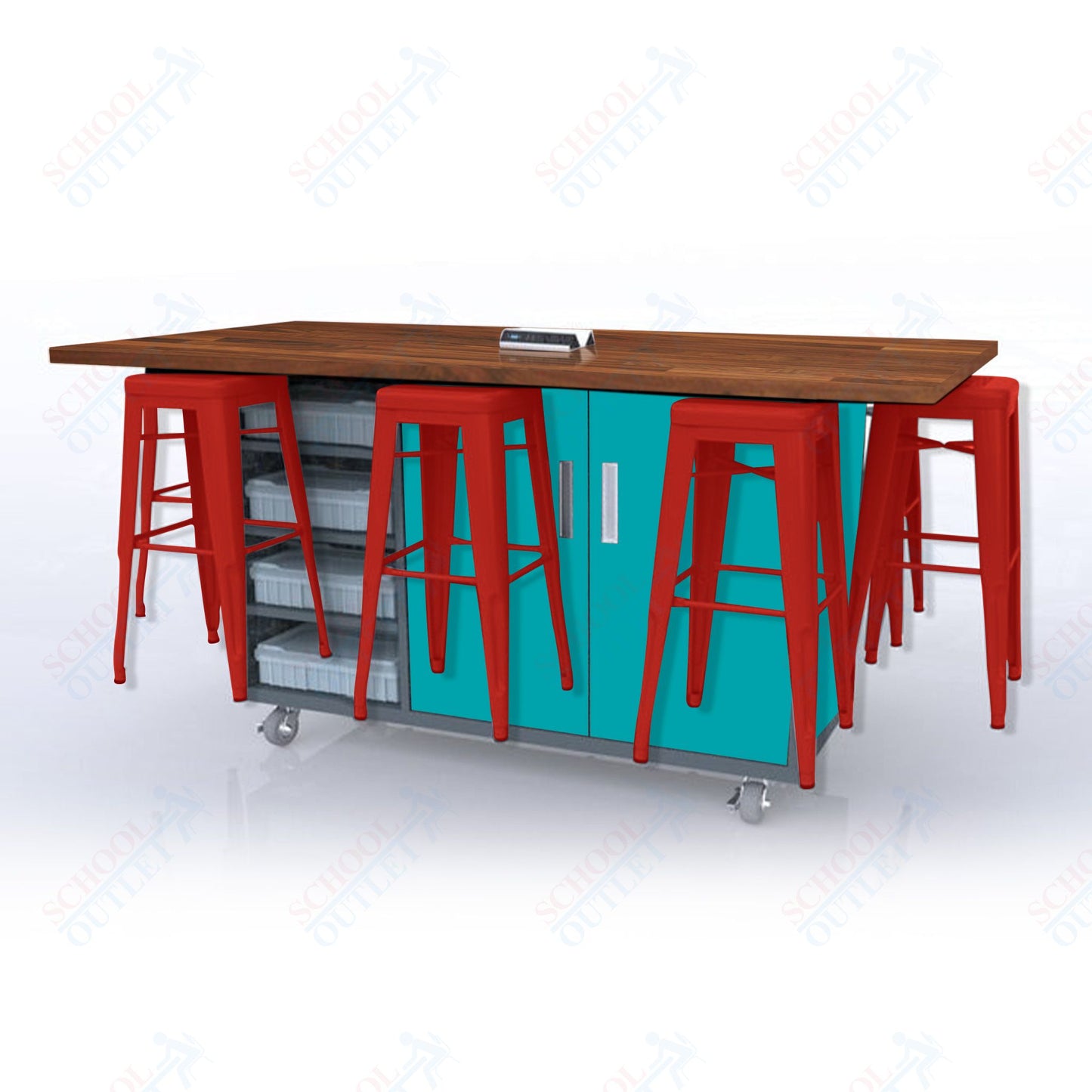 CEF ED8 Table 42"H Butcher Block Top, Laminate Base with 8 Stools, Storage bins, and Electrical Outlets Included.