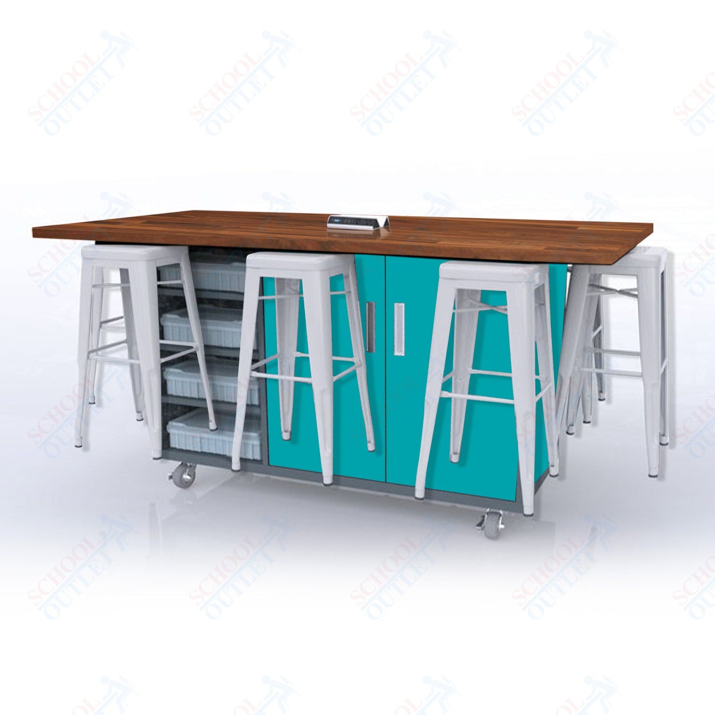 CEF ED8 Table 42"H Butcher Block Top, Laminate Base with 8 Stools, Storage bins, and Electrical Outlets Included.