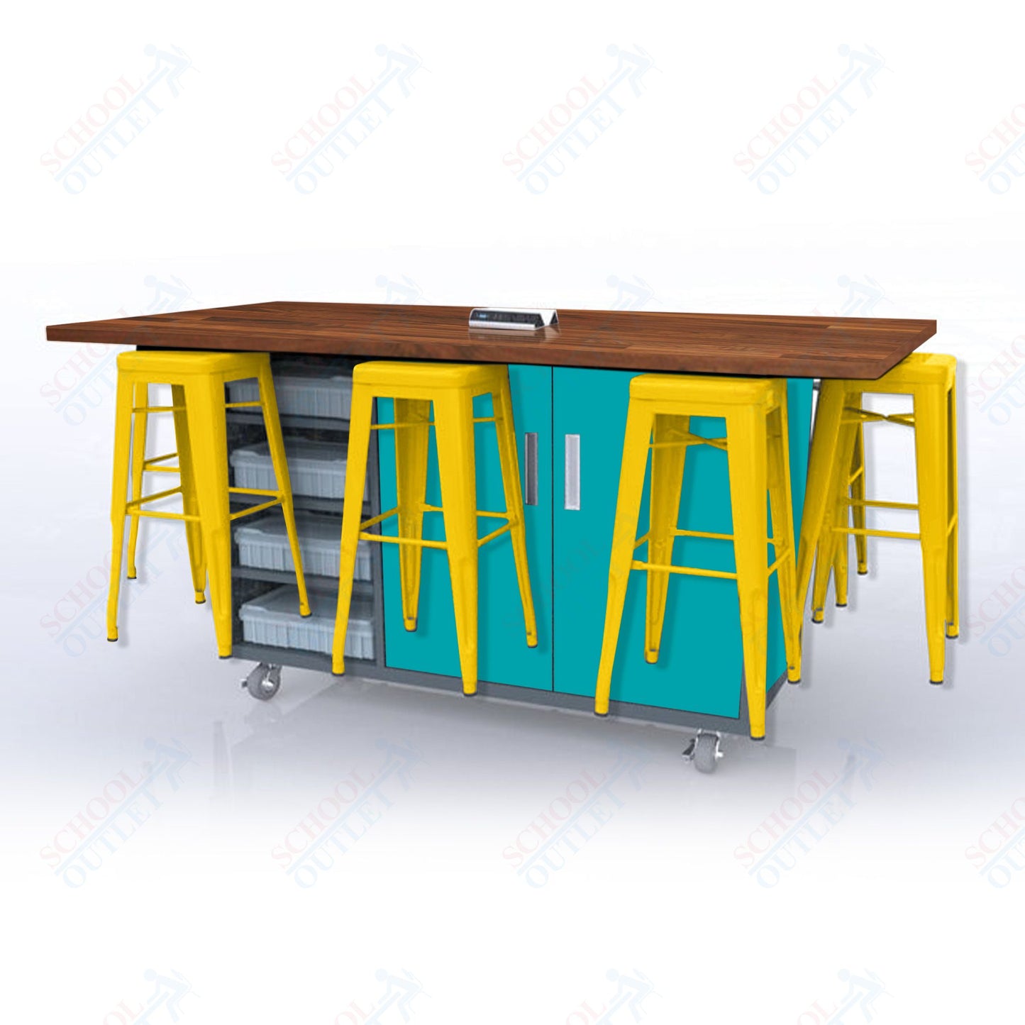 CEF ED8 Table 42"H Butcher Block Top, Laminate Base with 8 Stools, Storage bins, and Electrical Outlets Included.