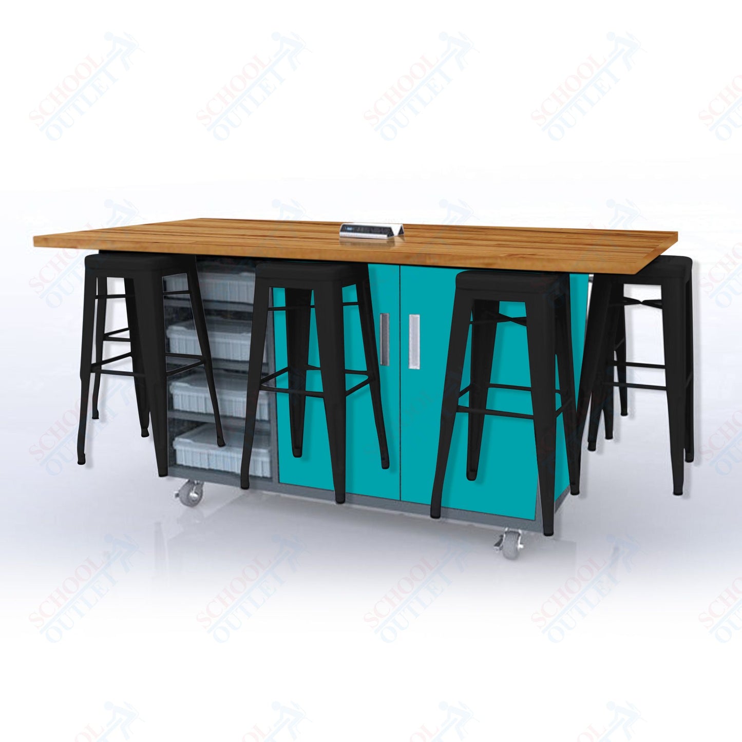 CEF ED8 Table 42"H Butcher Block Top, Laminate Base with 8 Stools, Storage bins, and Electrical Outlets Included.