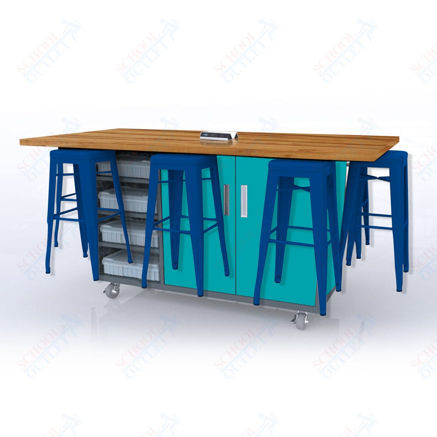 CEF ED8 Table 42"H Butcher Block Top, Laminate Base with 8 Stools, Storage bins, and Electrical Outlets Included.
