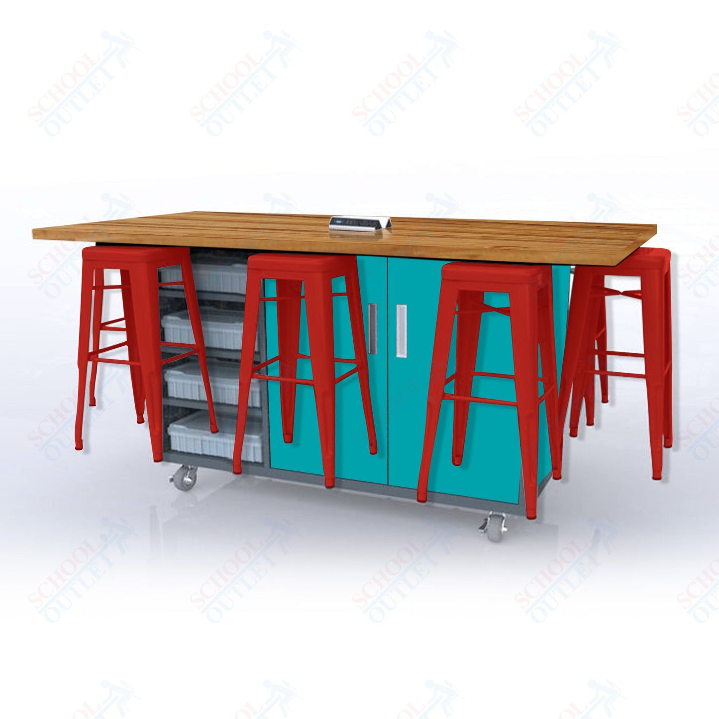 CEF ED8 Table 42"H Butcher Block Top, Laminate Base with 8 Stools, Storage bins, and Electrical Outlets Included.