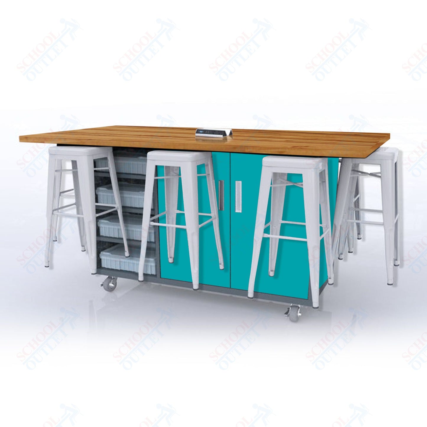 CEF ED8 Table 42"H Butcher Block Top, Laminate Base with 8 Stools, Storage bins, and Electrical Outlets Included.