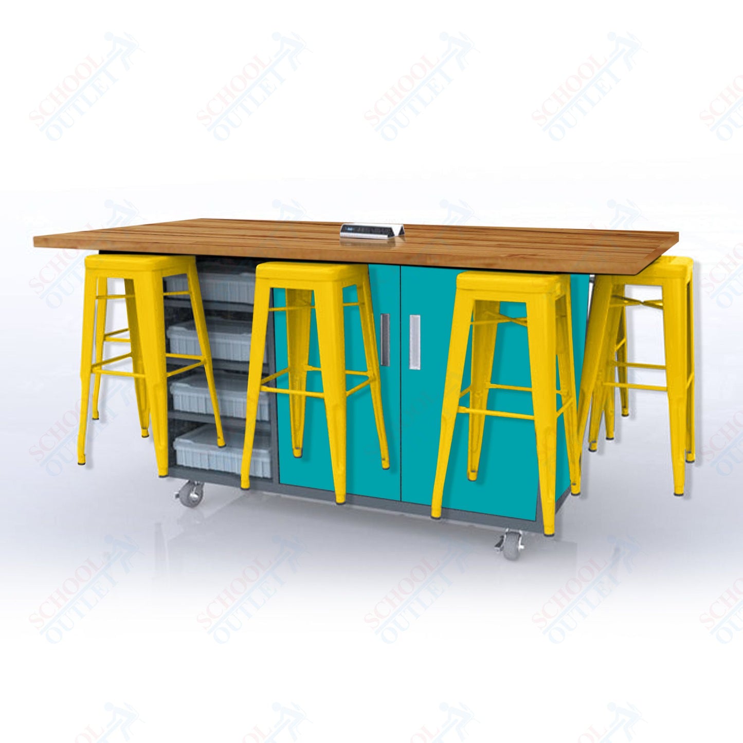 CEF ED8 Table 42"H Butcher Block Top, Laminate Base with 8 Stools, Storage bins, and Electrical Outlets Included.