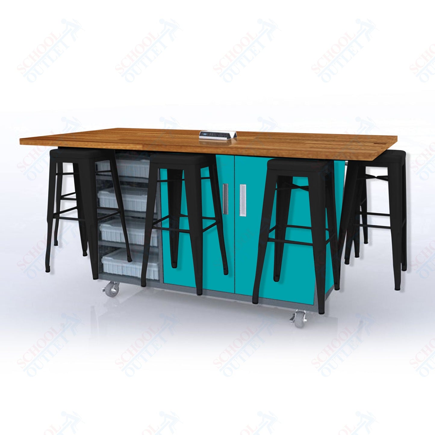 CEF ED8 Table 42"H Butcher Block Top, Laminate Base with 8 Stools, Storage bins, and Electrical Outlets Included.