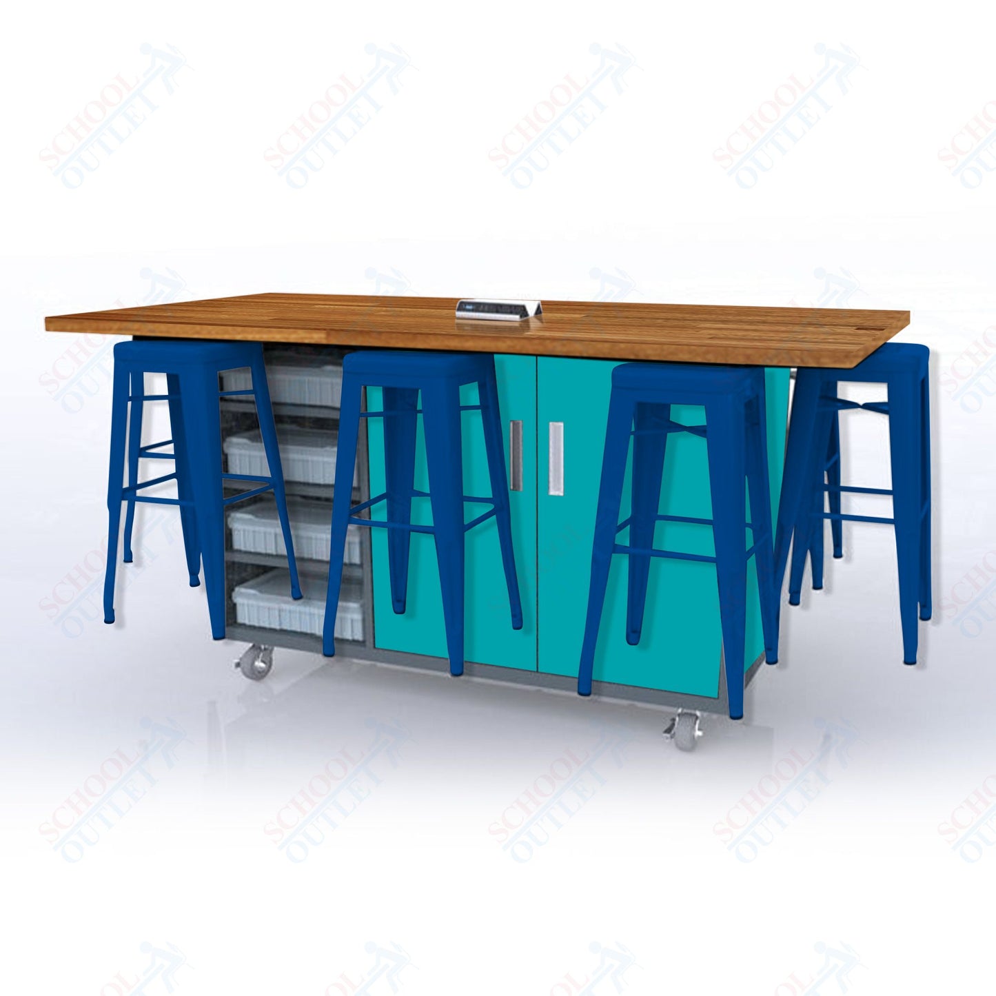 CEF ED8 Table 42"H Butcher Block Top, Laminate Base with 8 Stools, Storage bins, and Electrical Outlets Included.