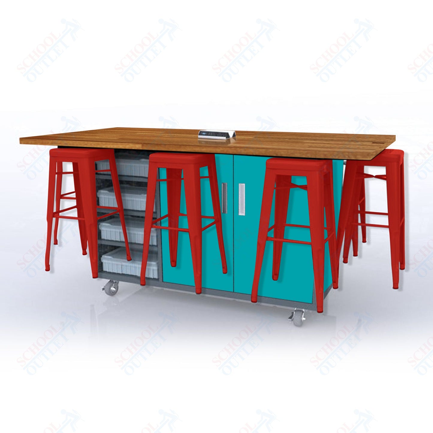 CEF ED8 Table 42"H Butcher Block Top, Laminate Base with 8 Stools, Storage bins, and Electrical Outlets Included.