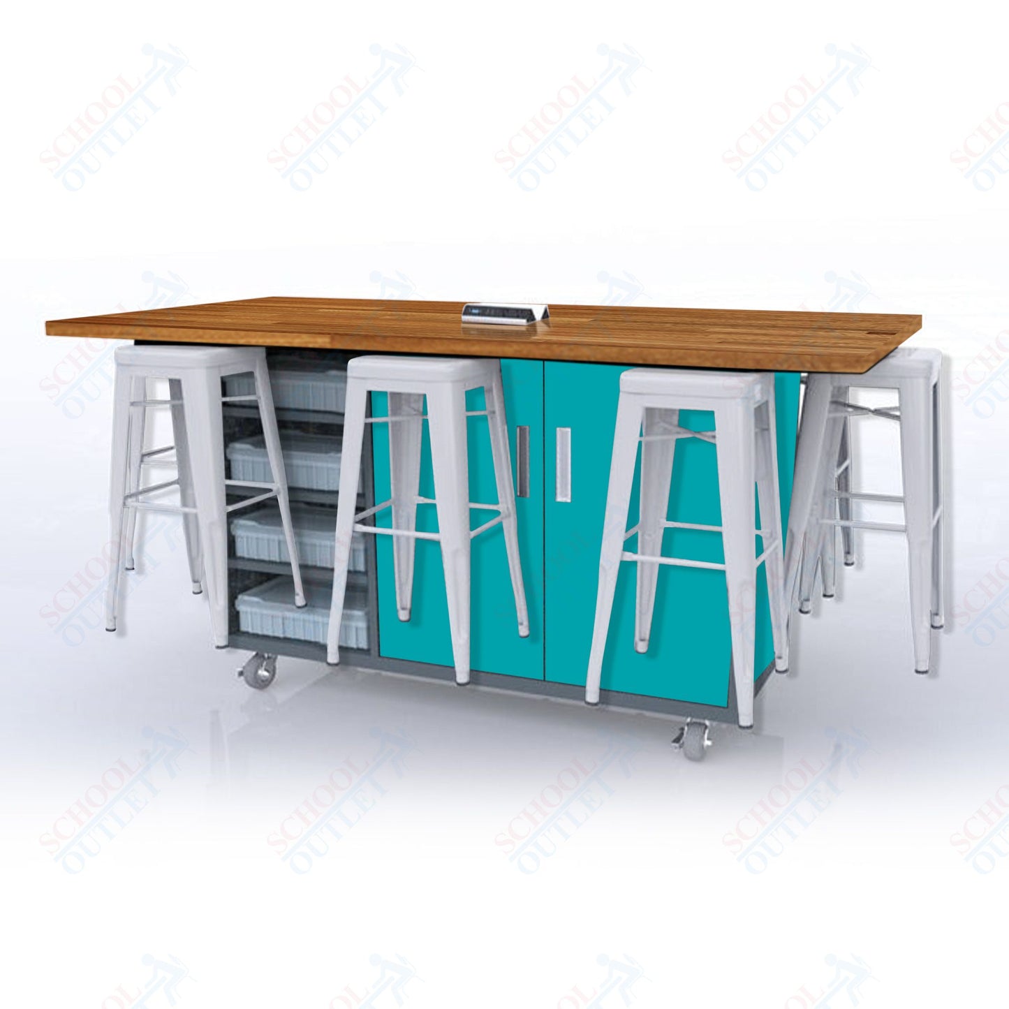 CEF ED8 Table 42"H Butcher Block Top, Laminate Base with 8 Stools, Storage bins, and Electrical Outlets Included.