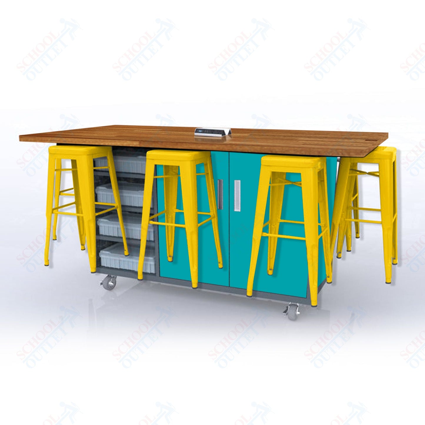 CEF ED8 Table 42"H Butcher Block Top, Laminate Base with 8 Stools, Storage bins, and Electrical Outlets Included.