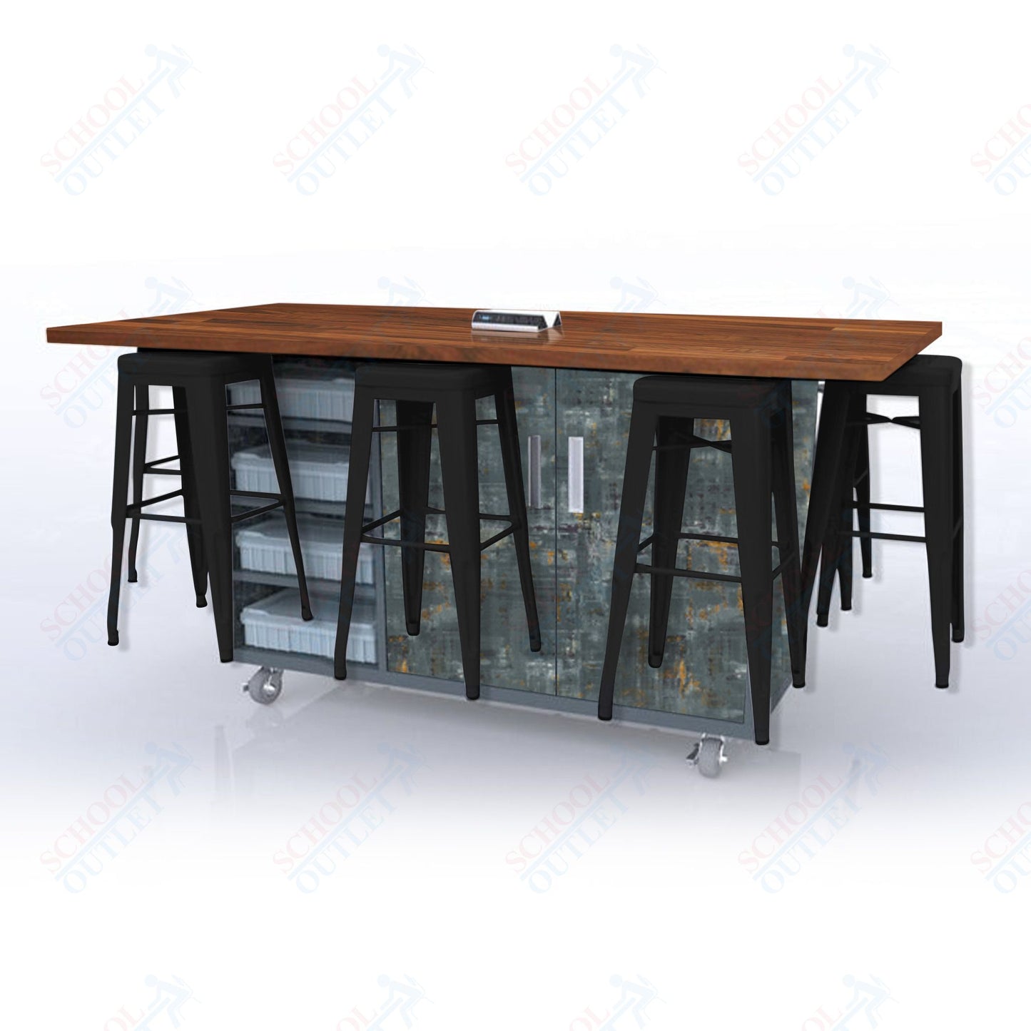 CEF ED8 Table 42"H Butcher Block Top, Laminate Base with 8 Stools, Storage bins, and Electrical Outlets Included.