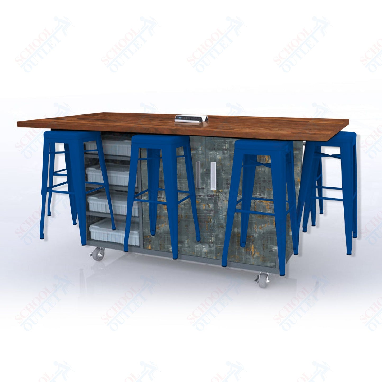 CEF ED8 Table 42"H Butcher Block Top, Laminate Base with 8 Stools, Storage bins, and Electrical Outlets Included.
