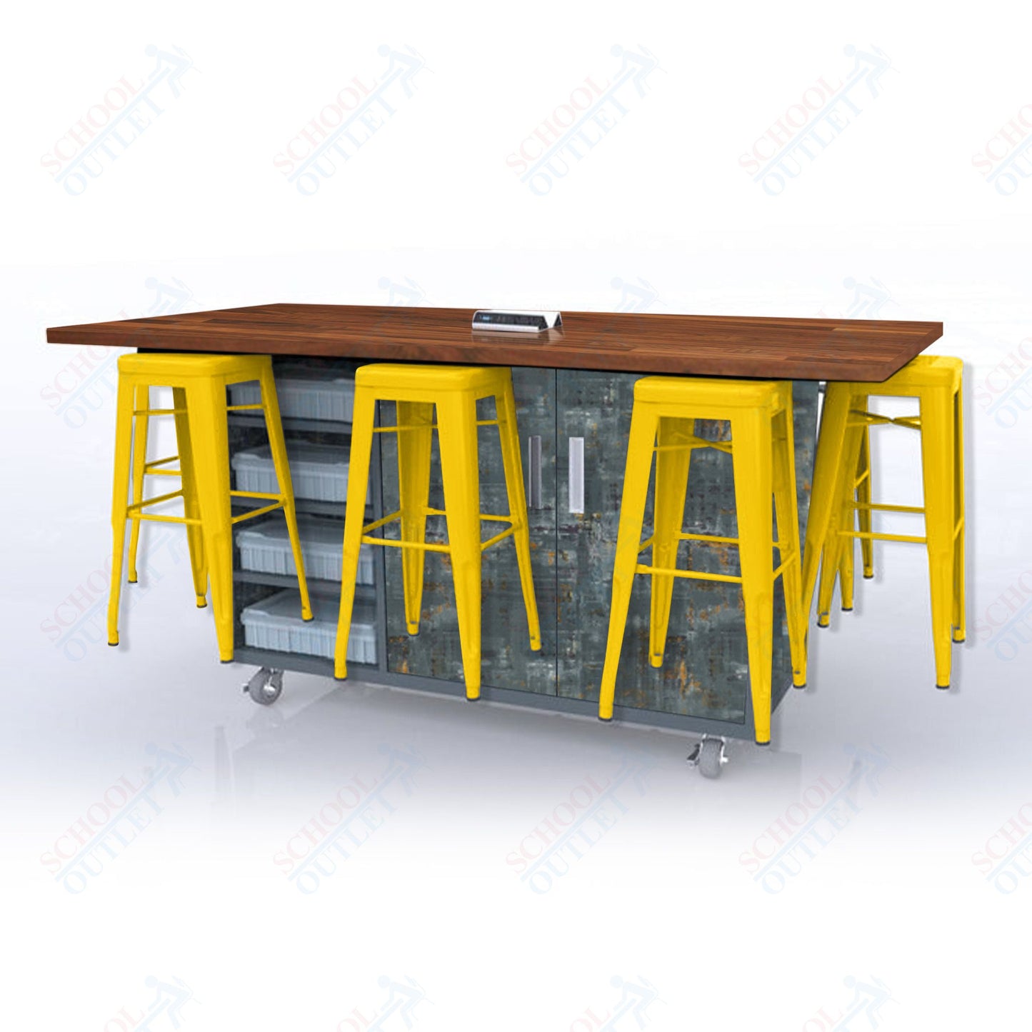 CEF ED8 Table 42"H Butcher Block Top, Laminate Base with 8 Stools, Storage bins, and Electrical Outlets Included.