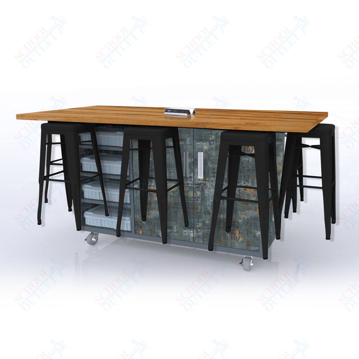 CEF ED8 Table 42"H Butcher Block Top, Laminate Base with 8 Stools, Storage bins, and Electrical Outlets Included.