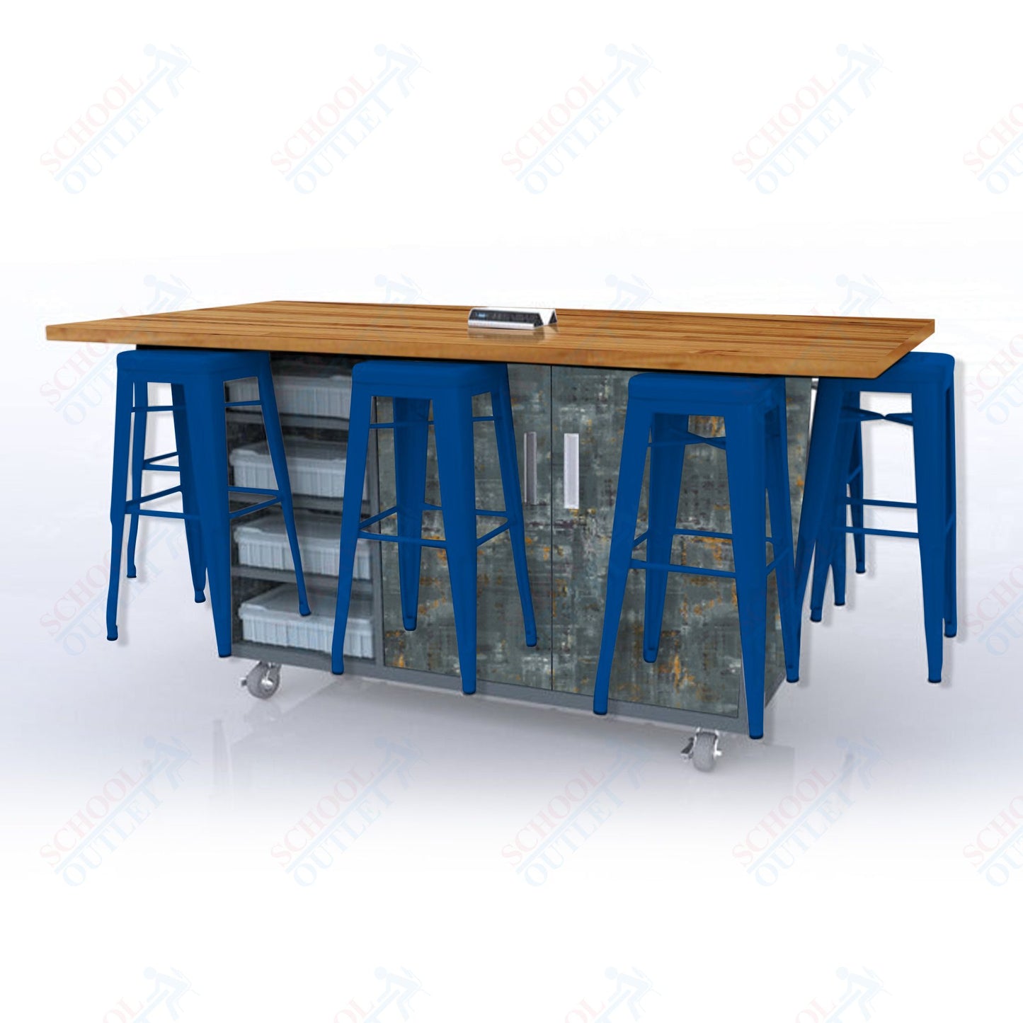 CEF ED8 Table 42"H Butcher Block Top, Laminate Base with 8 Stools, Storage bins, and Electrical Outlets Included.