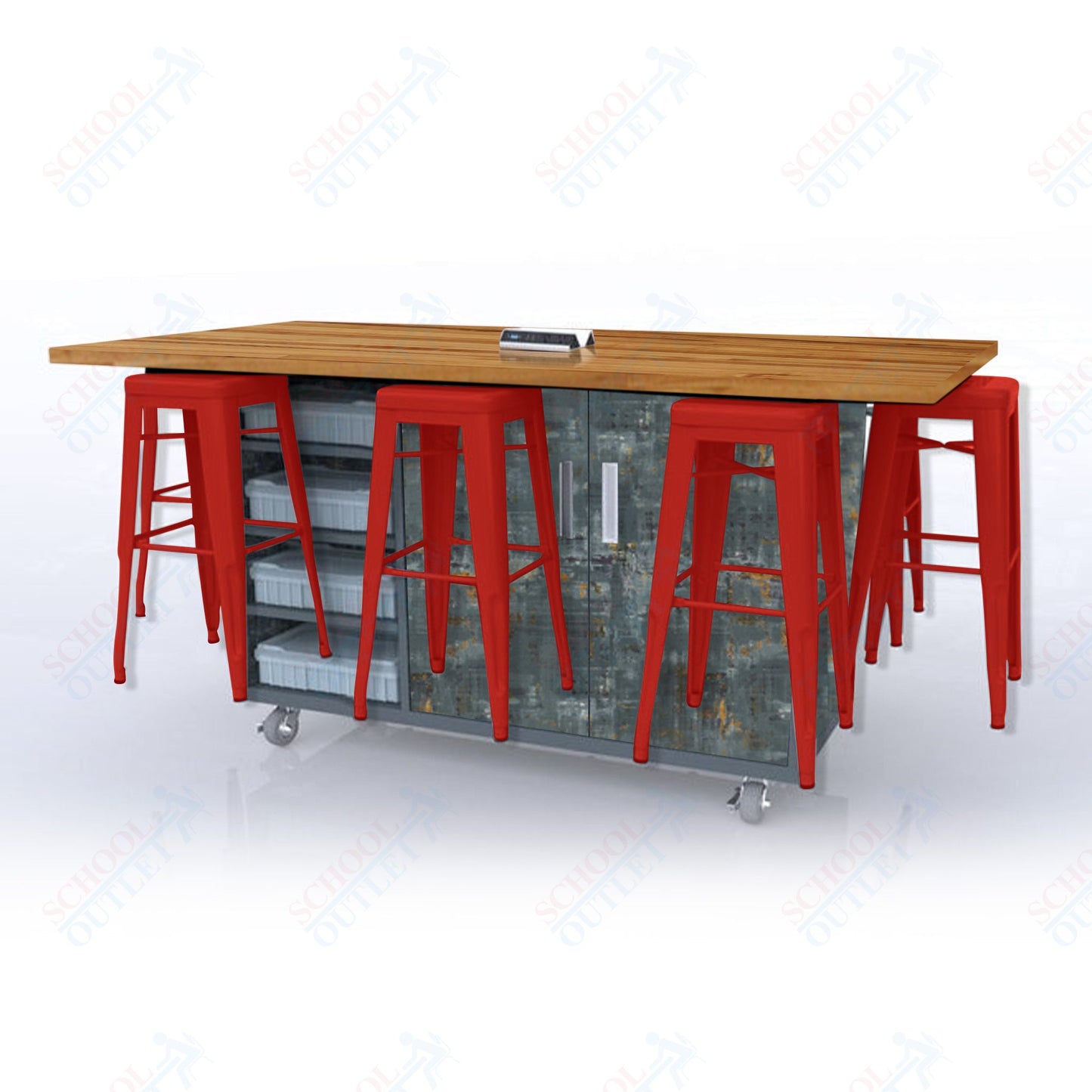 CEF ED8 Table 42"H Butcher Block Top, Laminate Base with 8 Stools, Storage bins, and Electrical Outlets Included.