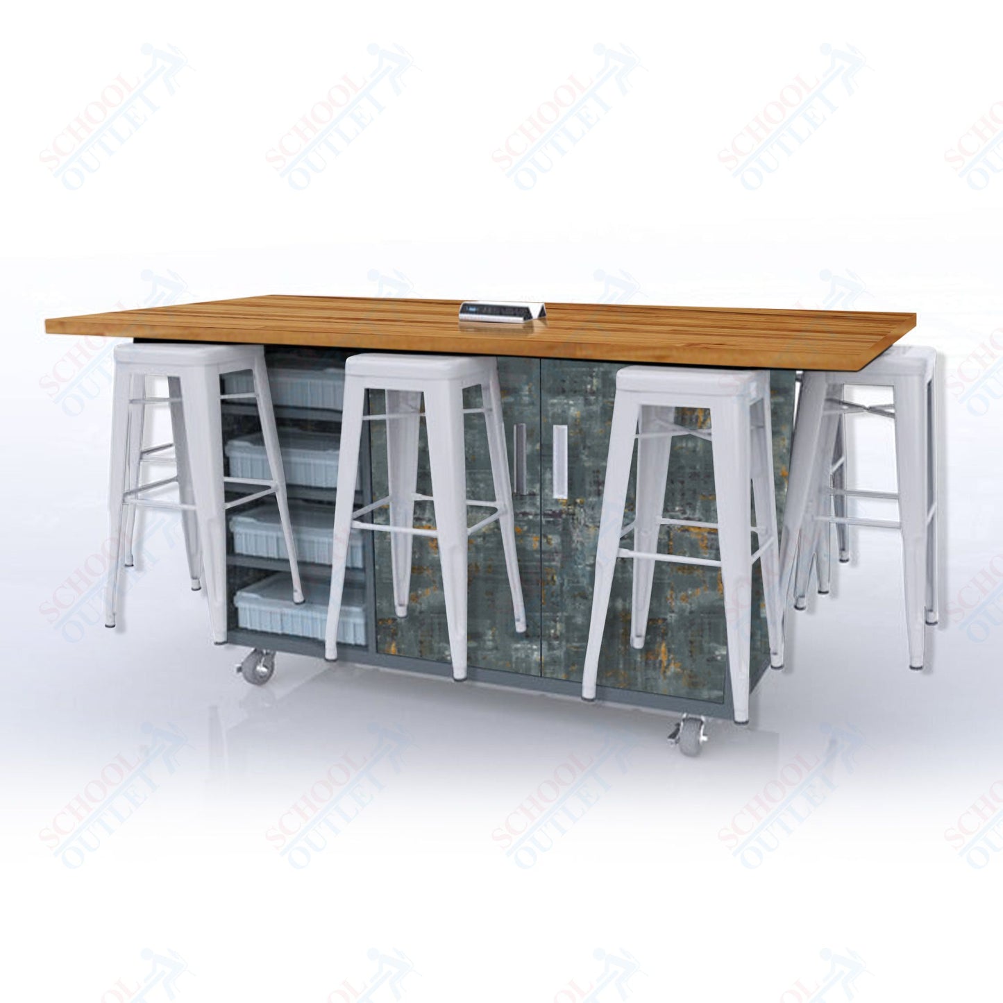 CEF ED8 Table 42"H Butcher Block Top, Laminate Base with 8 Stools, Storage bins, and Electrical Outlets Included.