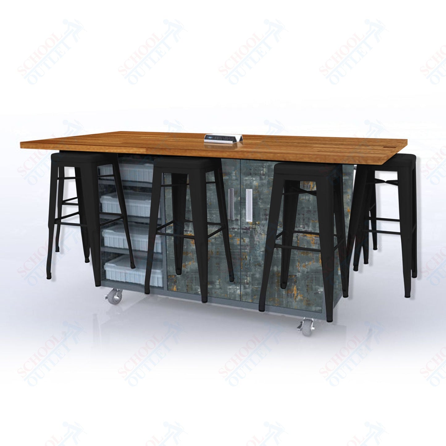 CEF ED8 Table 42"H Butcher Block Top, Laminate Base with 8 Stools, Storage bins, and Electrical Outlets Included.