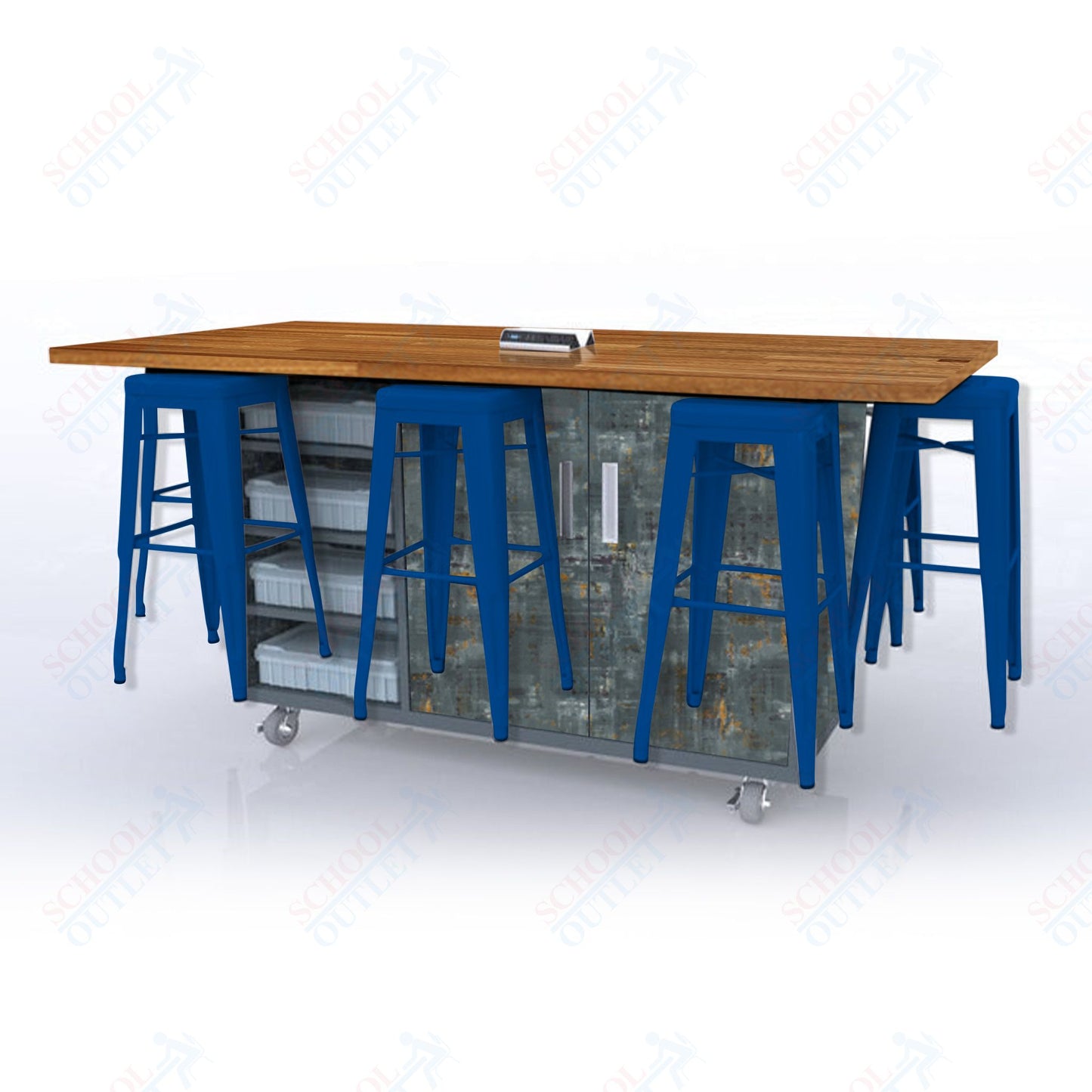 CEF ED8 Table 42"H Butcher Block Top, Laminate Base with 8 Stools, Storage bins, and Electrical Outlets Included.