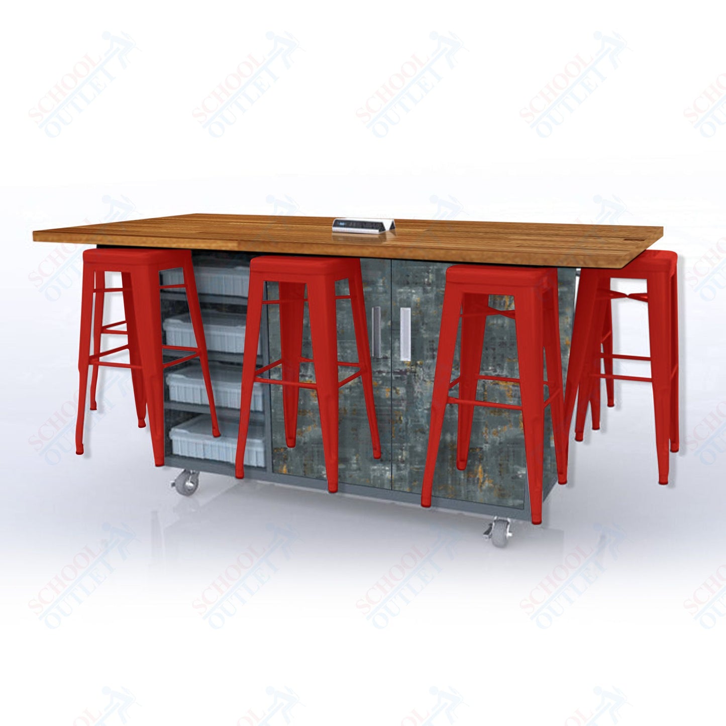 CEF ED8 Table 42"H Butcher Block Top, Laminate Base with 8 Stools, Storage bins, and Electrical Outlets Included.