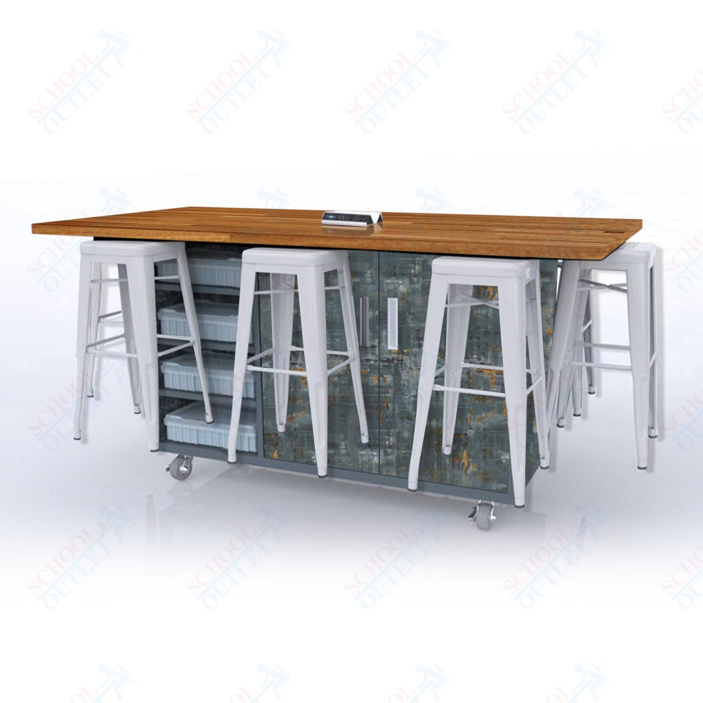 CEF ED8 Table 42"H Butcher Block Top, Laminate Base with 8 Stools, Storage bins, and Electrical Outlets Included.