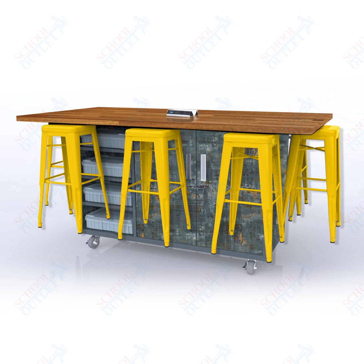 CEF ED8 Table 42"H Butcher Block Top, Laminate Base with 8 Stools, Storage bins, and Electrical Outlets Included.