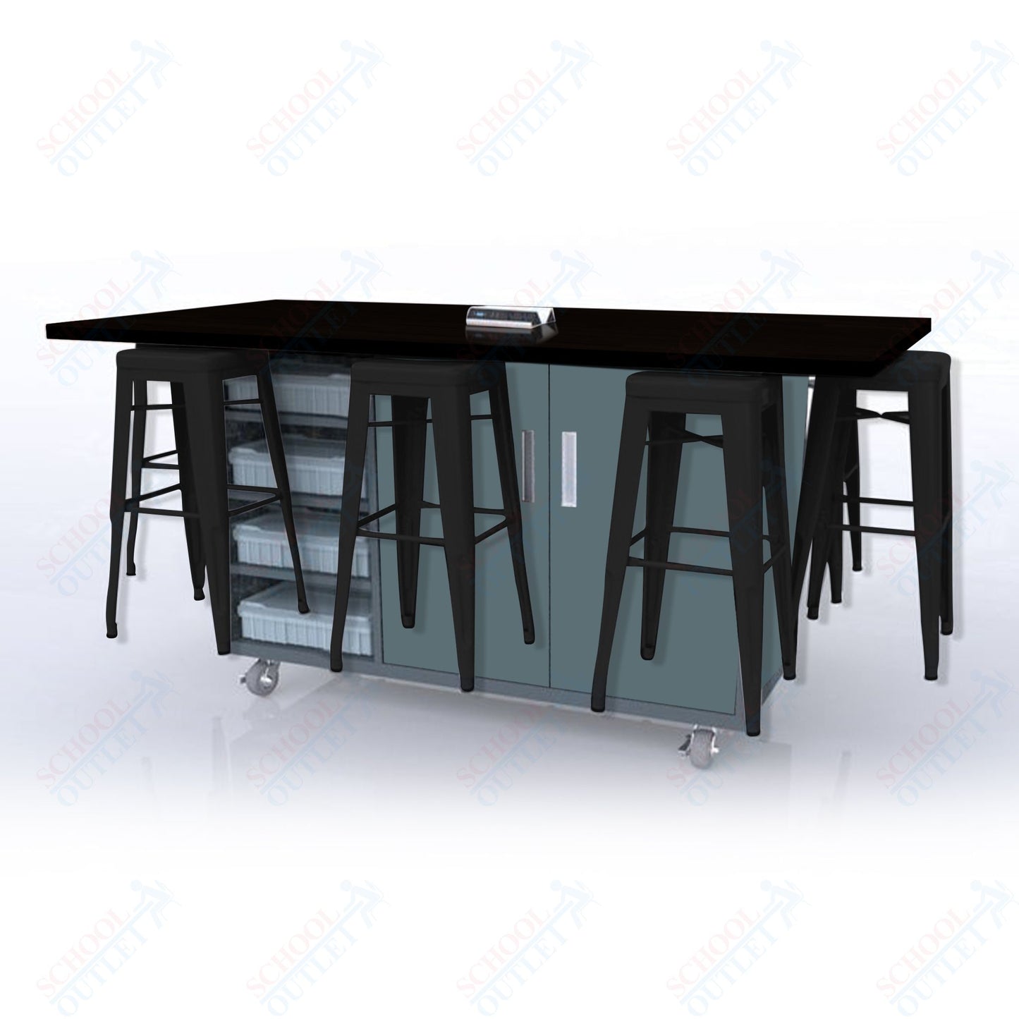 CEF ED8 Table 42"H High Pressure Laminate Top, Laminate Base with  8 Stools, Storage bins, and Electrical Outlets Included.