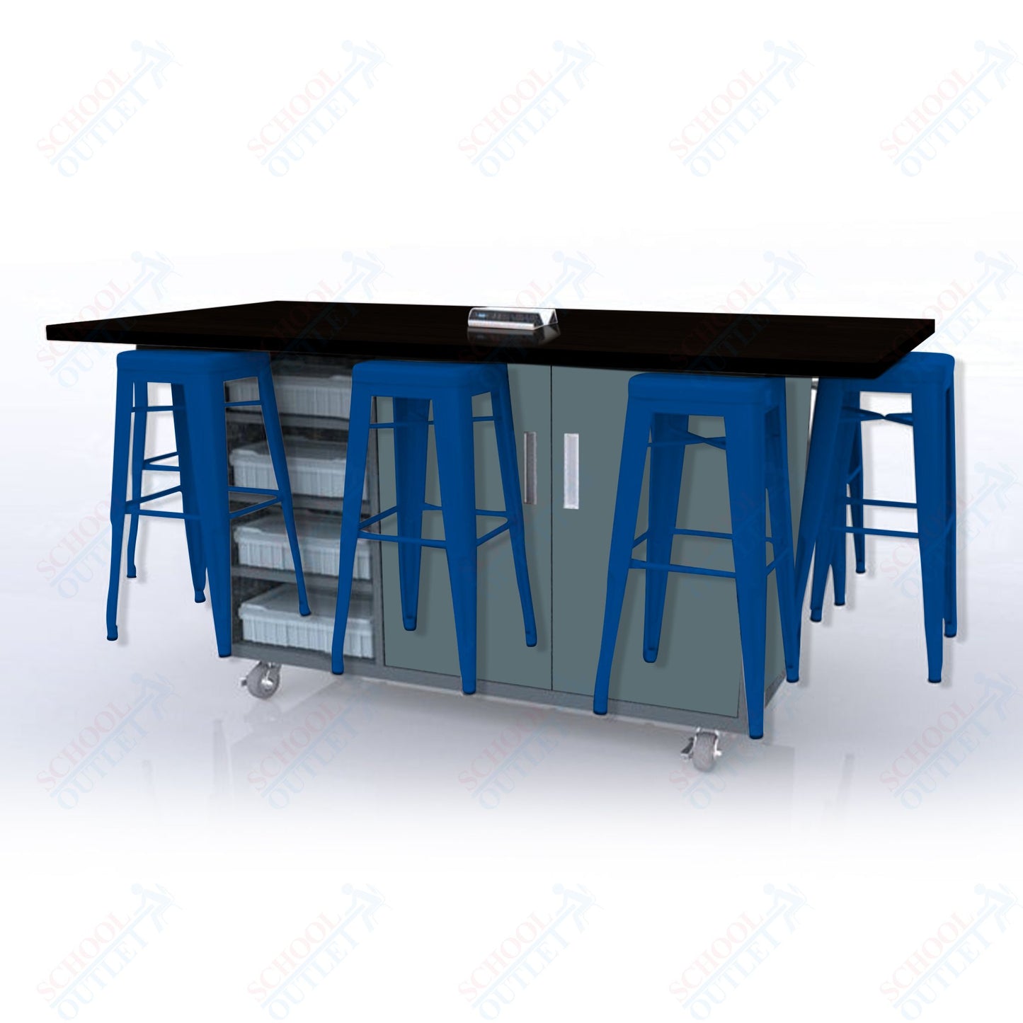 CEF ED8 Table 42"H High Pressure Laminate Top, Laminate Base with  8 Stools, Storage bins, and Electrical Outlets Included.