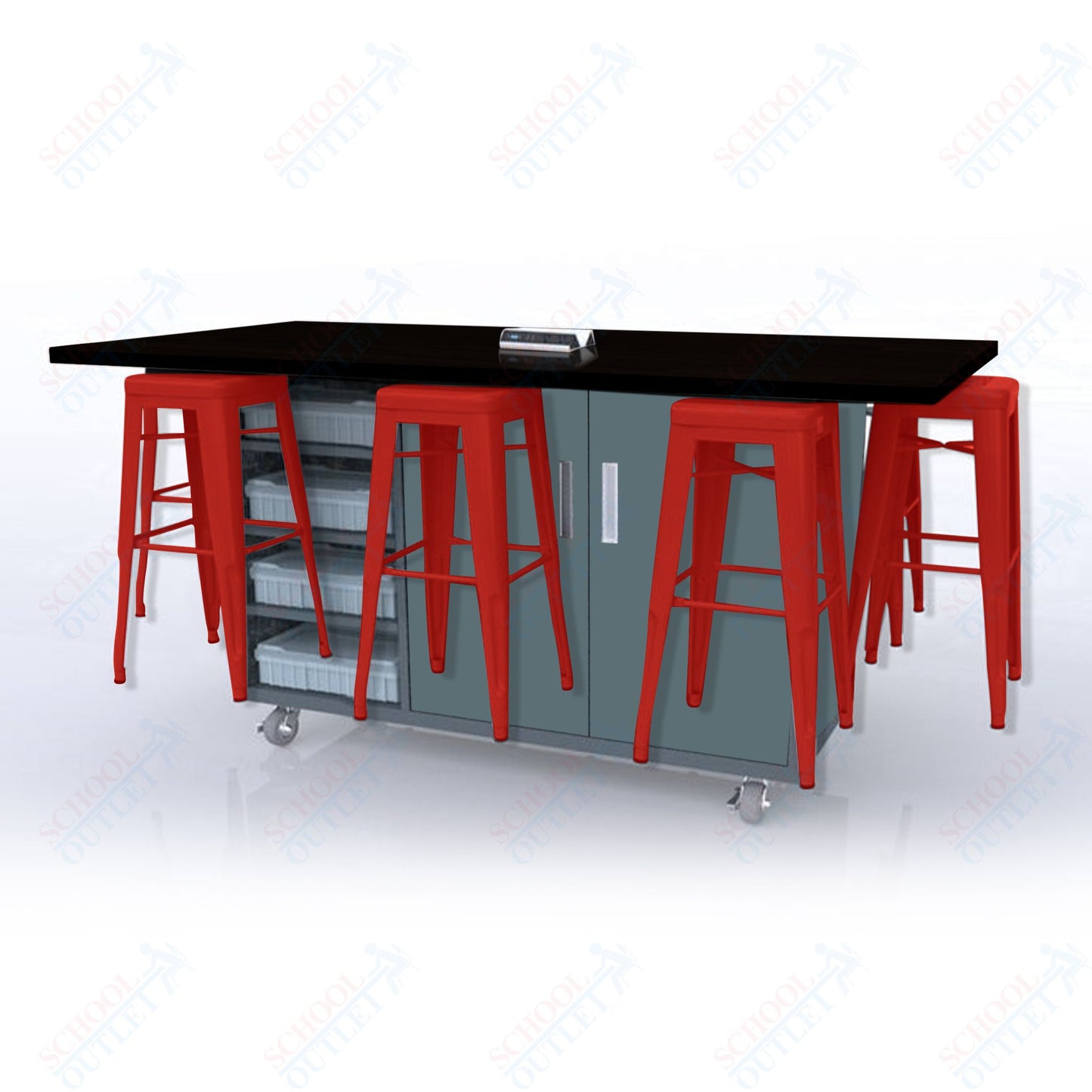 CEF ED8 Table 42"H High Pressure Laminate Top, Laminate Base with  8 Stools, Storage bins, and Electrical Outlets Included.