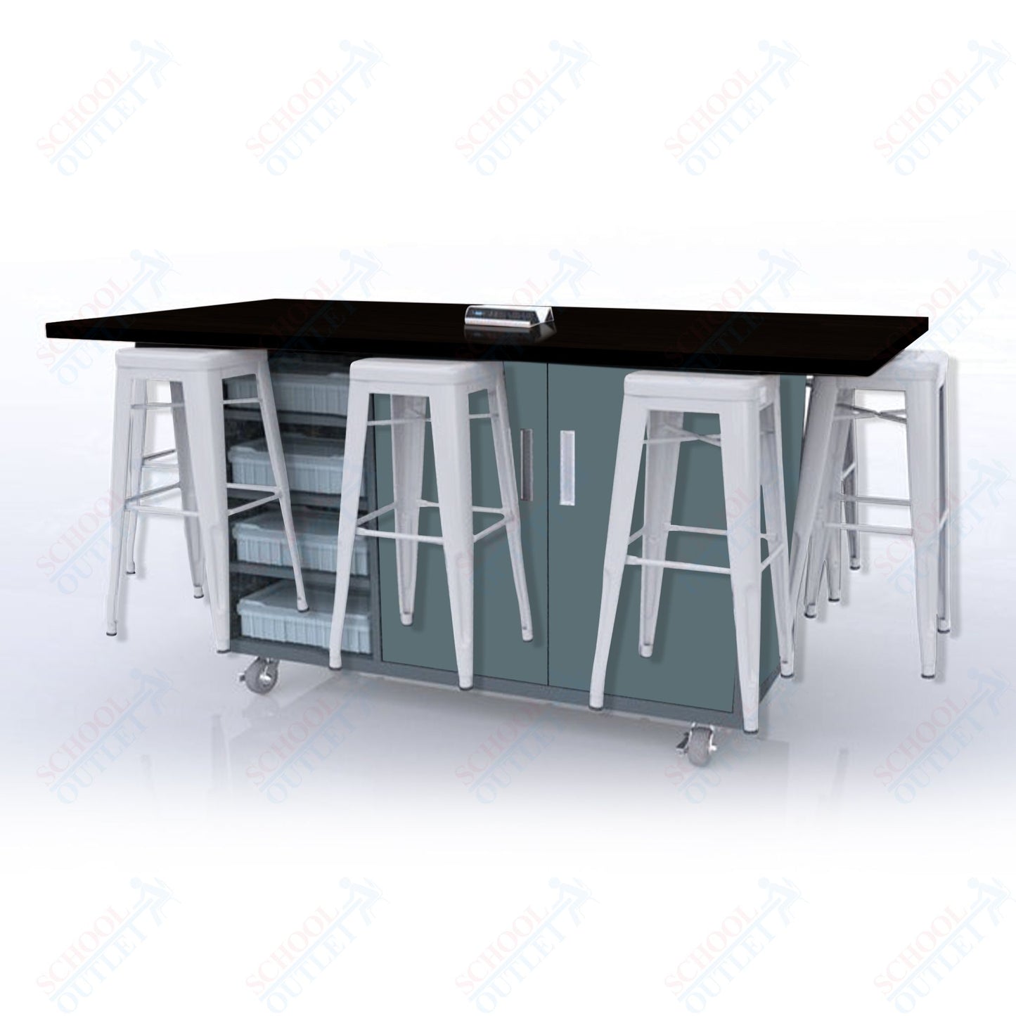 CEF ED8 Table 42"H High Pressure Laminate Top, Laminate Base with  8 Stools, Storage bins, and Electrical Outlets Included.