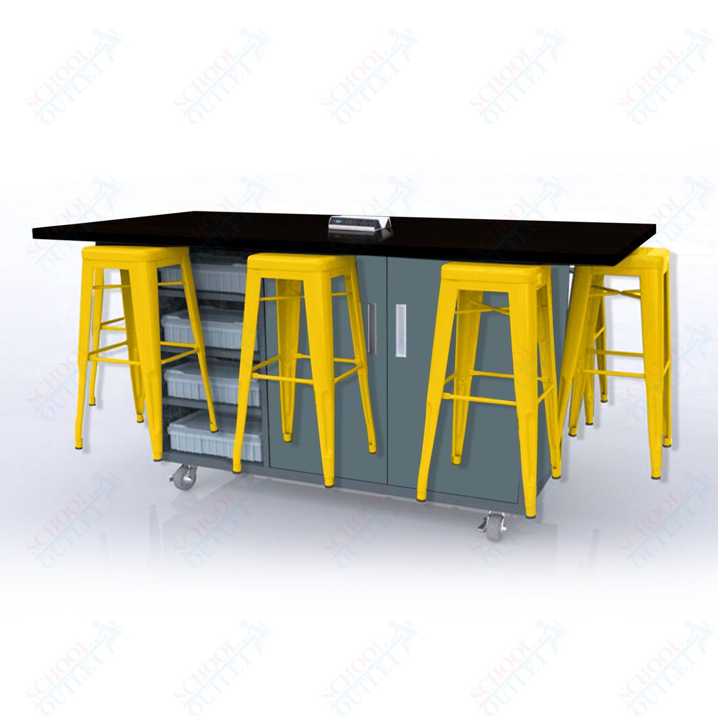 CEF ED8 Table 42"H High Pressure Laminate Top, Laminate Base with  8 Stools, Storage bins, and Electrical Outlets Included.