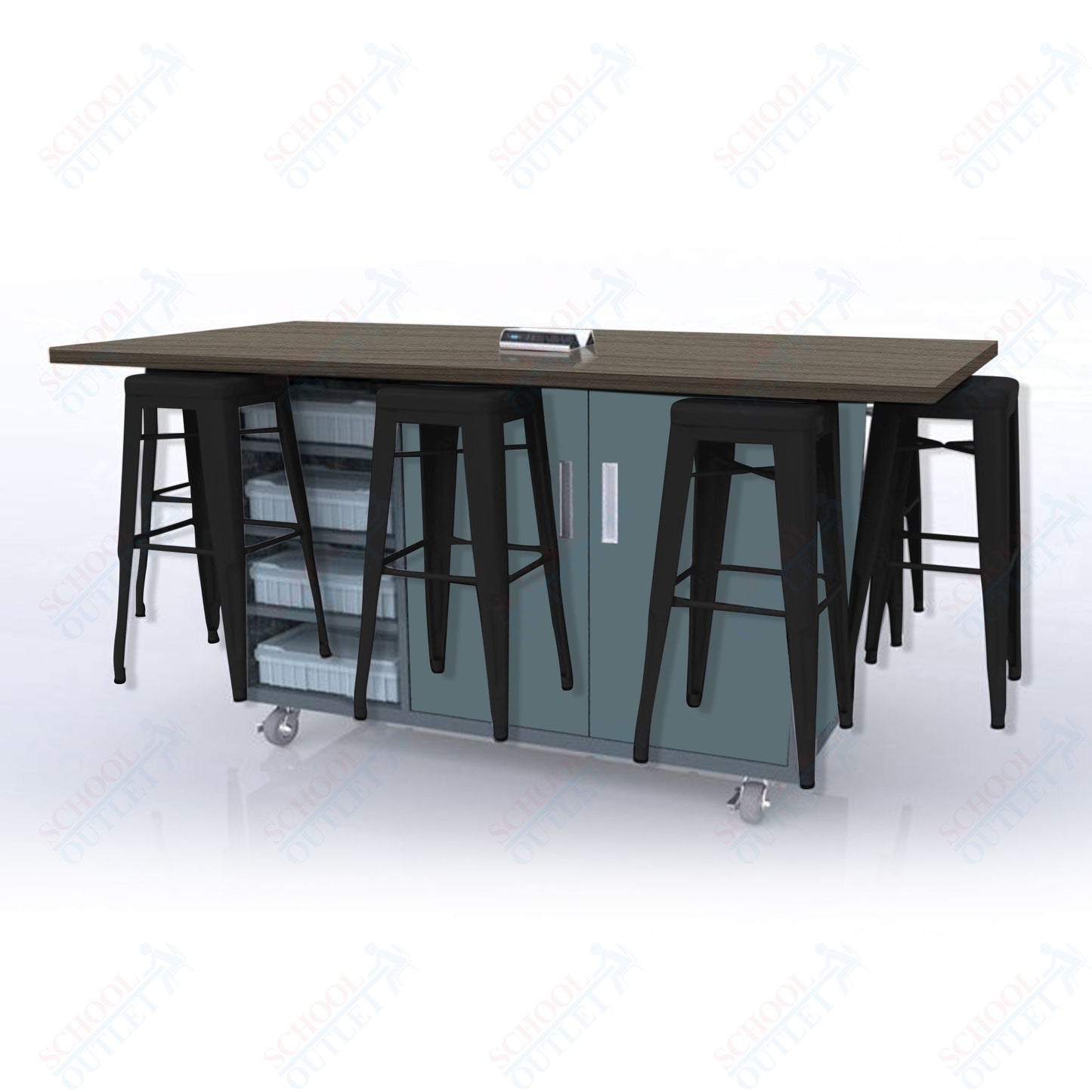 CEF ED8 Table 42"H High Pressure Laminate Top, Laminate Base with  8 Stools, Storage bins, and Electrical Outlets Included.