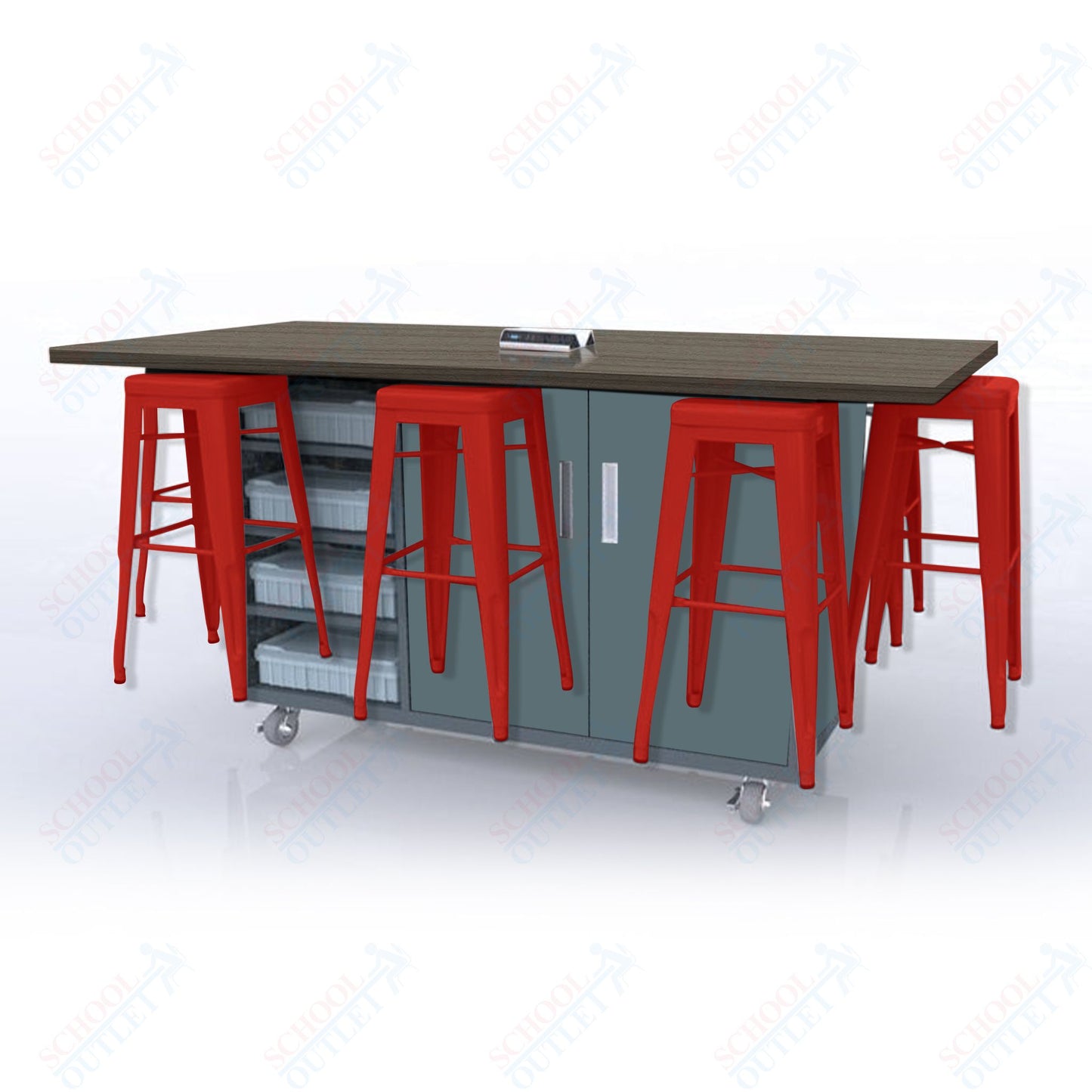 CEF ED8 Table 42"H High Pressure Laminate Top, Laminate Base with  8 Stools, Storage bins, and Electrical Outlets Included.