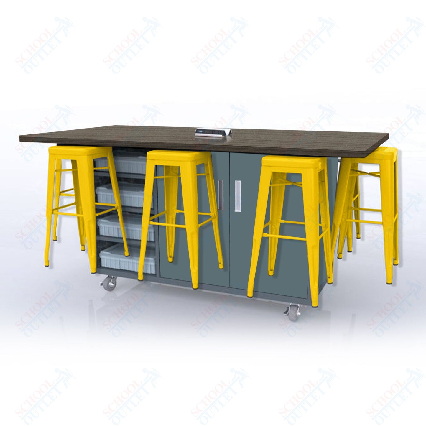 CEF ED8 Table 42"H High Pressure Laminate Top, Laminate Base with  8 Stools, Storage bins, and Electrical Outlets Included.