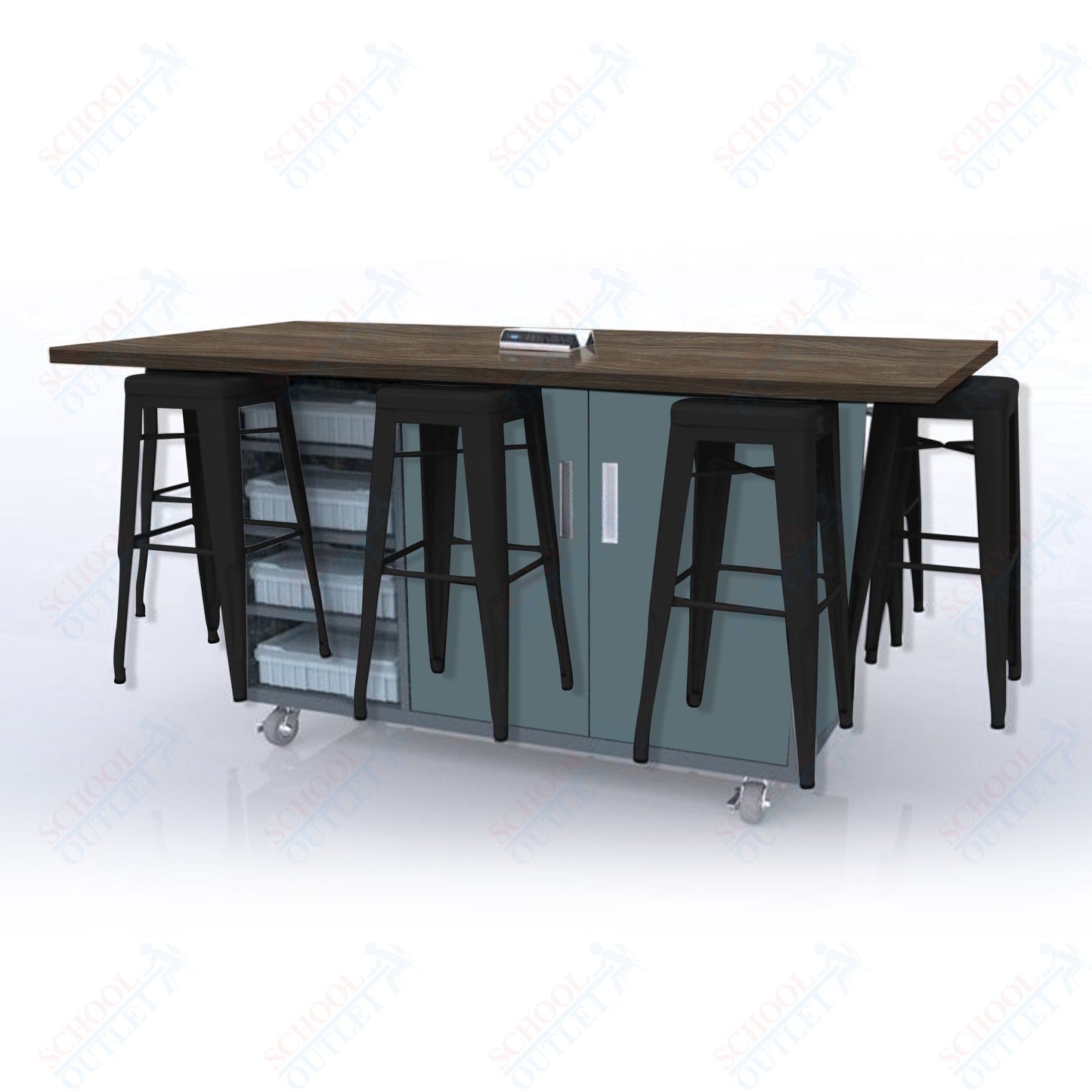 CEF ED8 Table 42"H High Pressure Laminate Top, Laminate Base with  8 Stools, Storage bins, and Electrical Outlets Included.