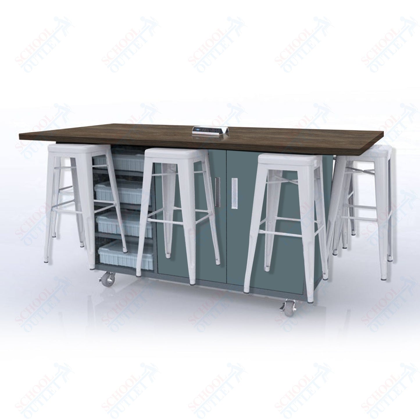 CEF ED8 Table 42"H High Pressure Laminate Top, Laminate Base with  8 Stools, Storage bins, and Electrical Outlets Included.