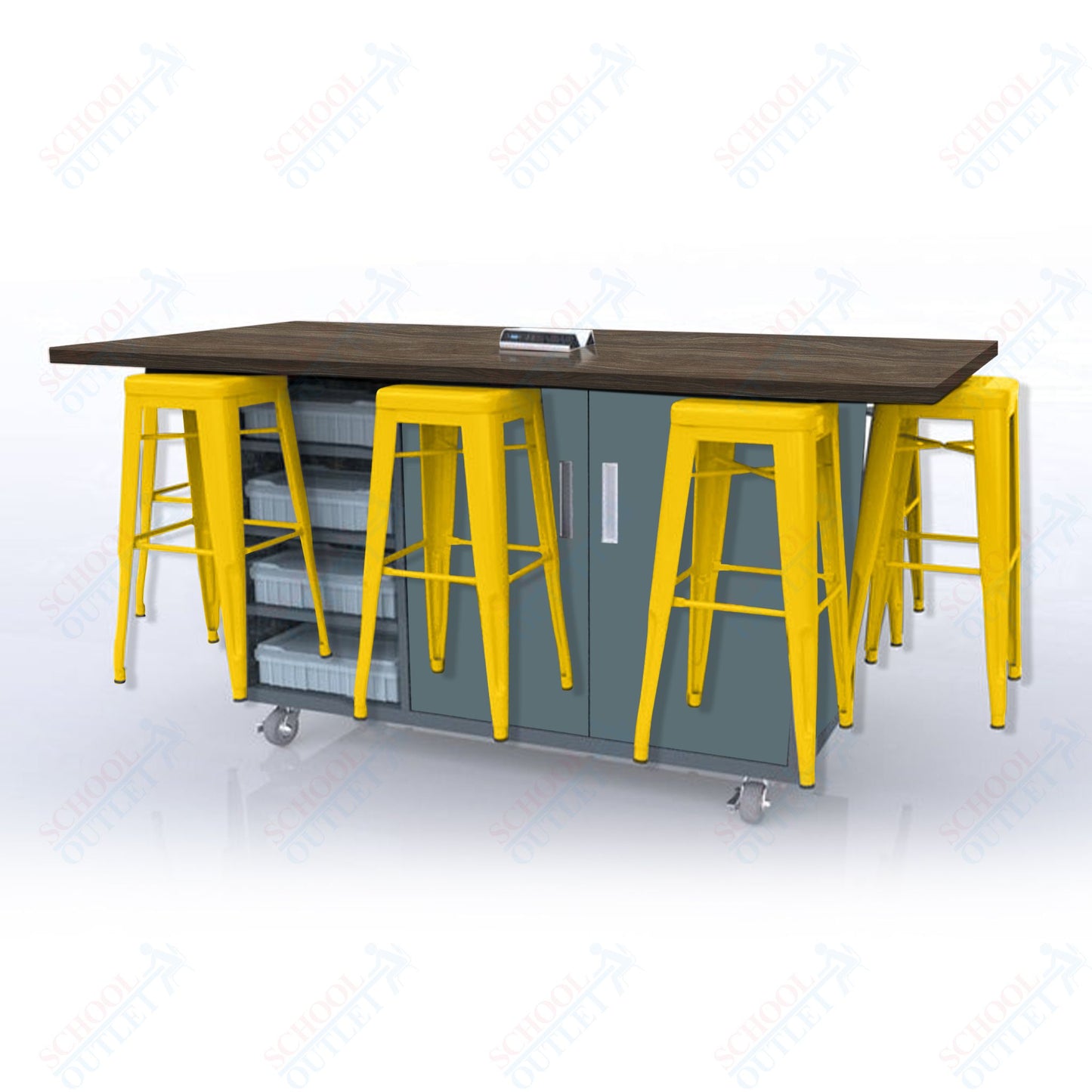 CEF ED8 Table 42"H High Pressure Laminate Top, Laminate Base with  8 Stools, Storage bins, and Electrical Outlets Included.