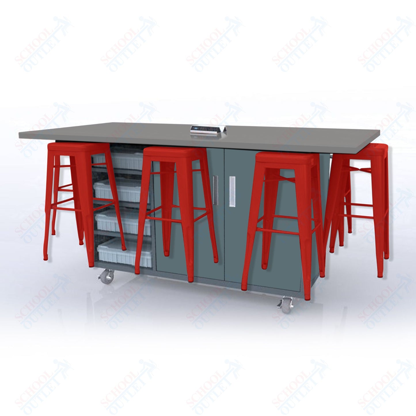 CEF ED8 Table 42"H High Pressure Laminate Top, Laminate Base with  8 Stools, Storage bins, and Electrical Outlets Included.