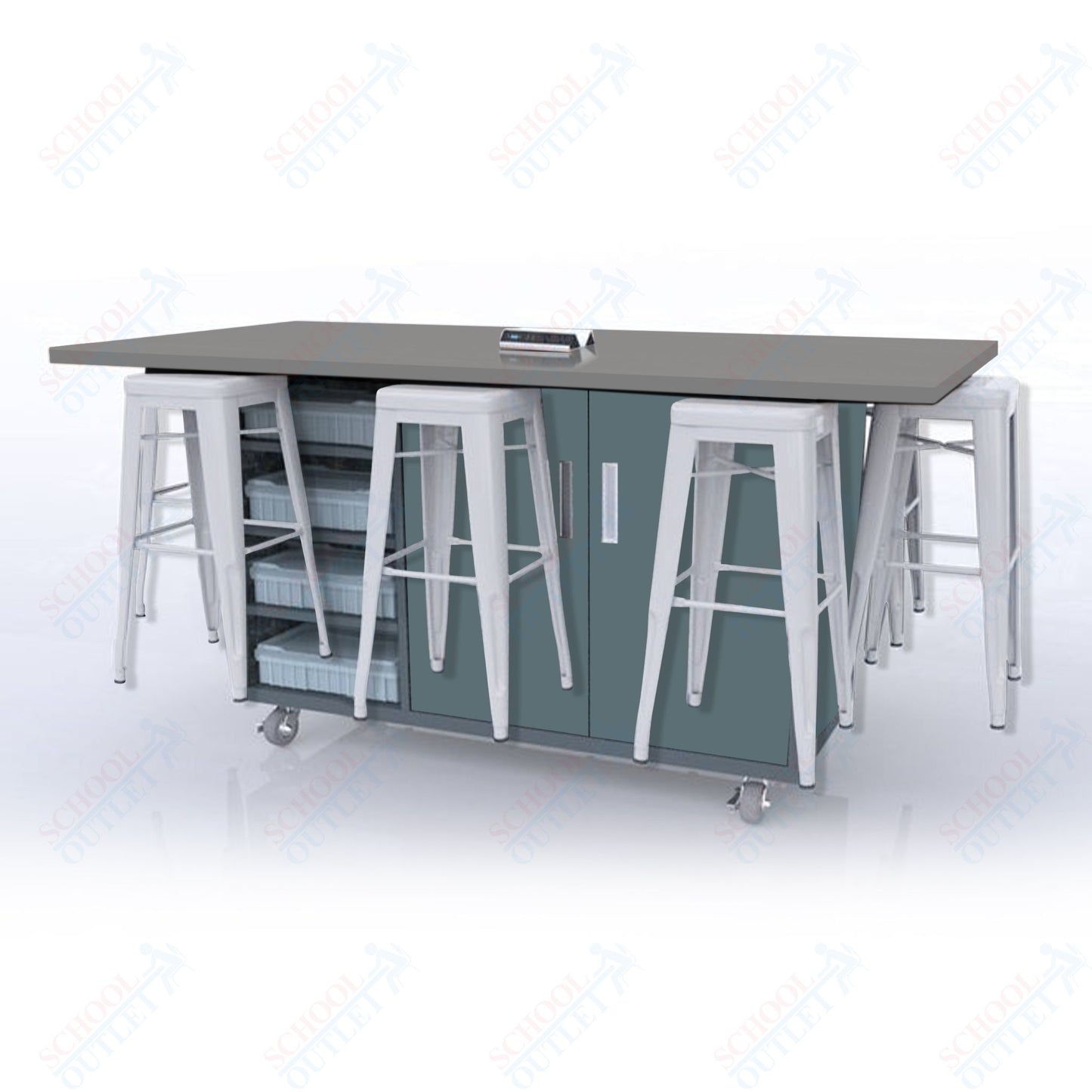 CEF ED8 Table 42"H High Pressure Laminate Top, Laminate Base with  8 Stools, Storage bins, and Electrical Outlets Included.