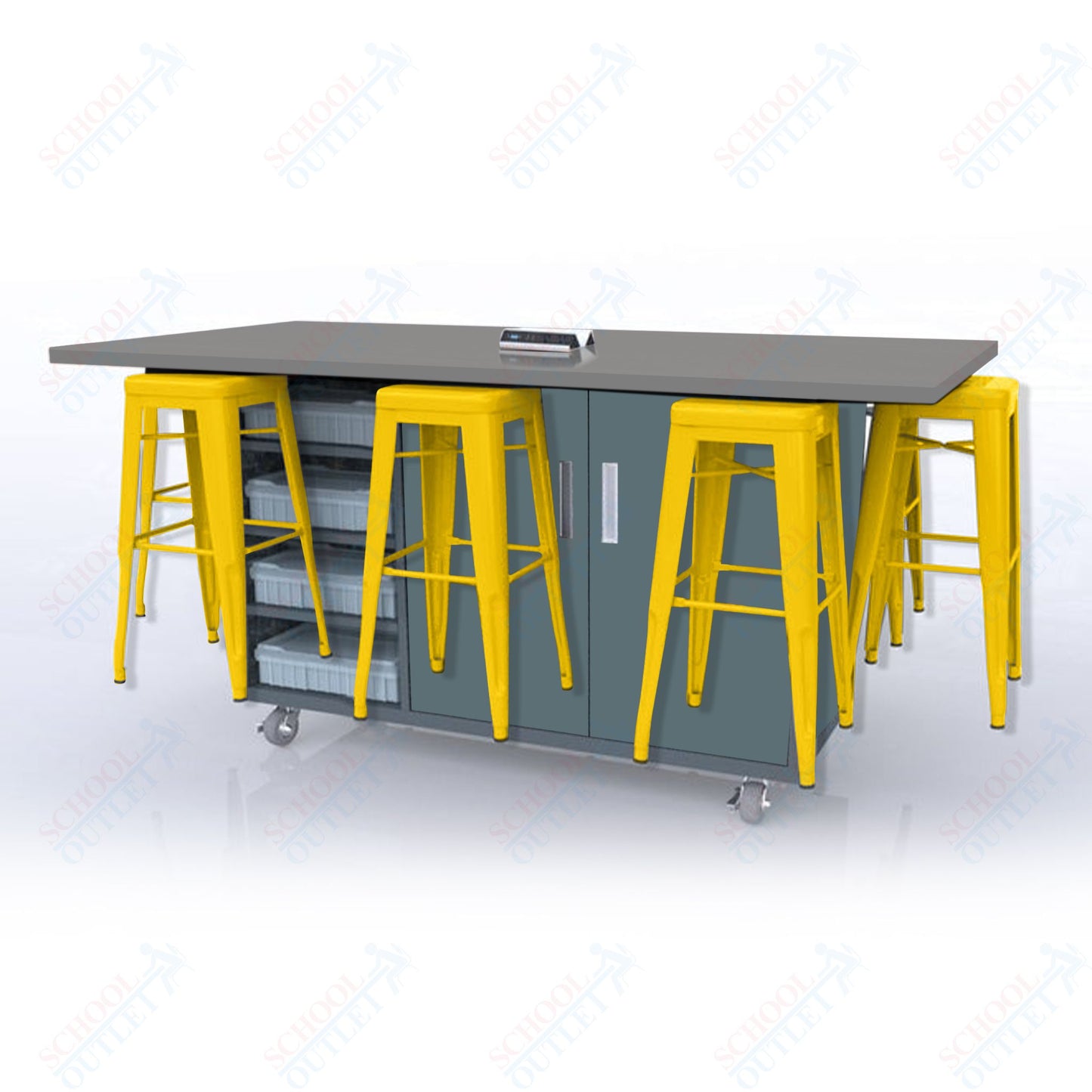CEF ED8 Table 42"H High Pressure Laminate Top, Laminate Base with  8 Stools, Storage bins, and Electrical Outlets Included.