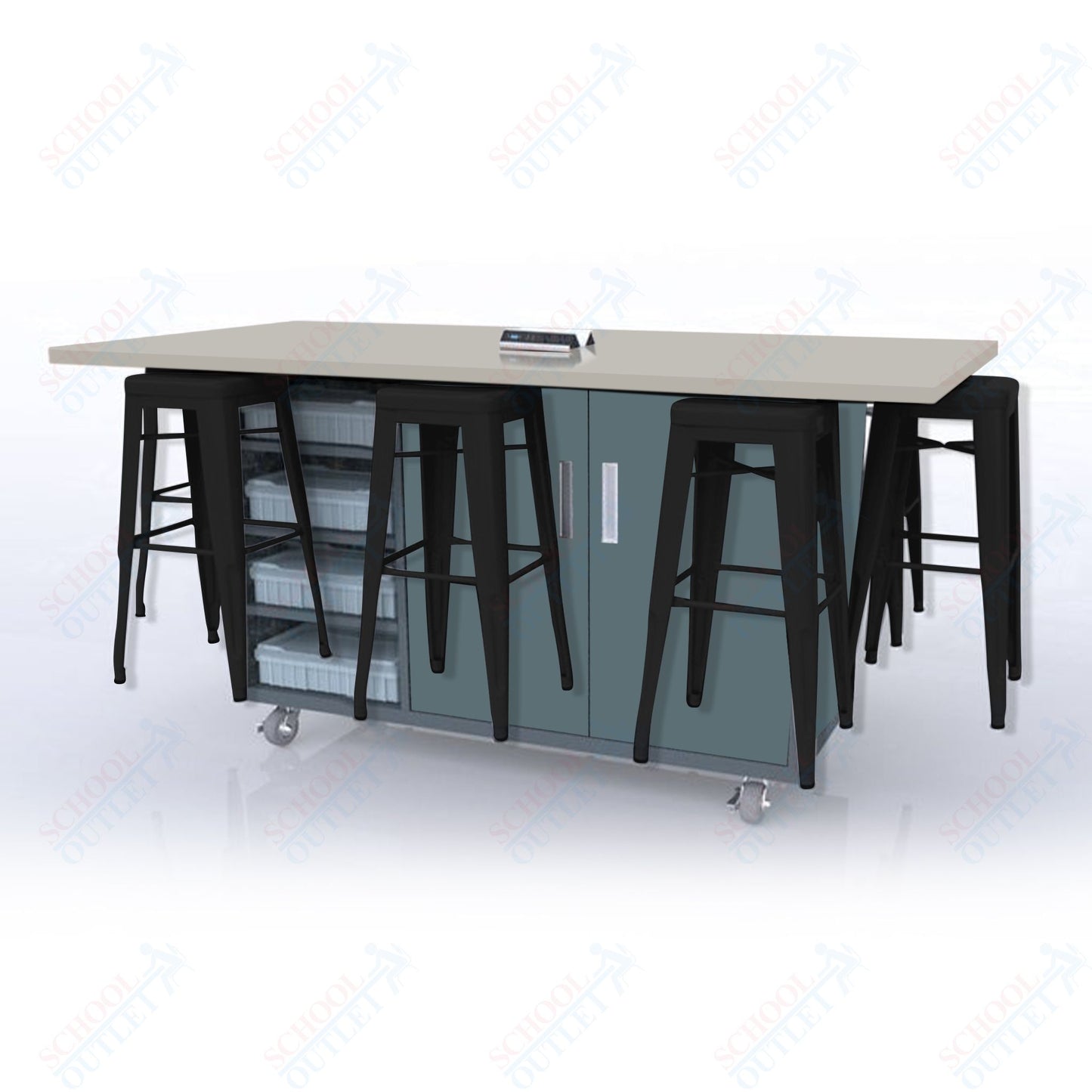 CEF ED8 Table 42"H High Pressure Laminate Top, Laminate Base with  8 Stools, Storage bins, and Electrical Outlets Included.