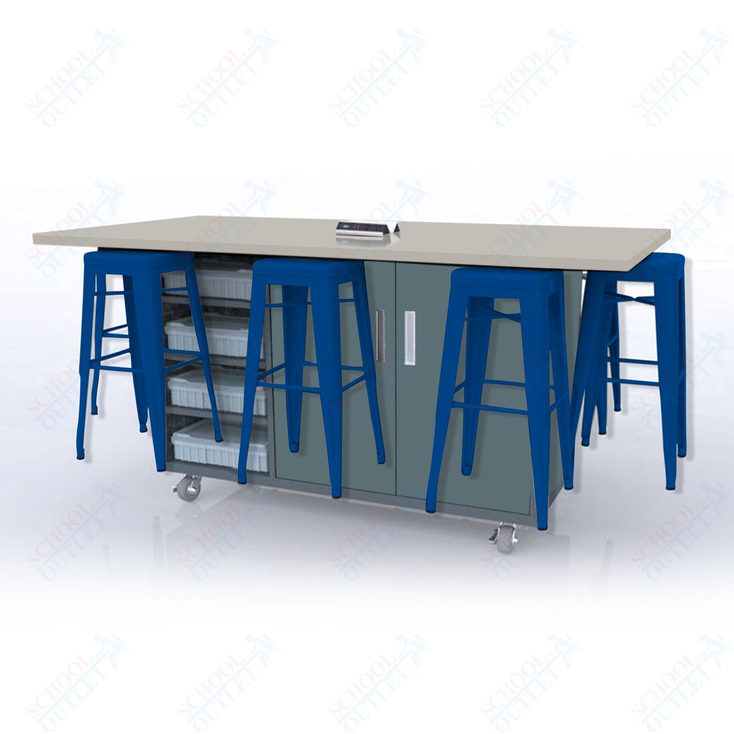CEF ED8 Table 42"H High Pressure Laminate Top, Laminate Base with  8 Stools, Storage bins, and Electrical Outlets Included.