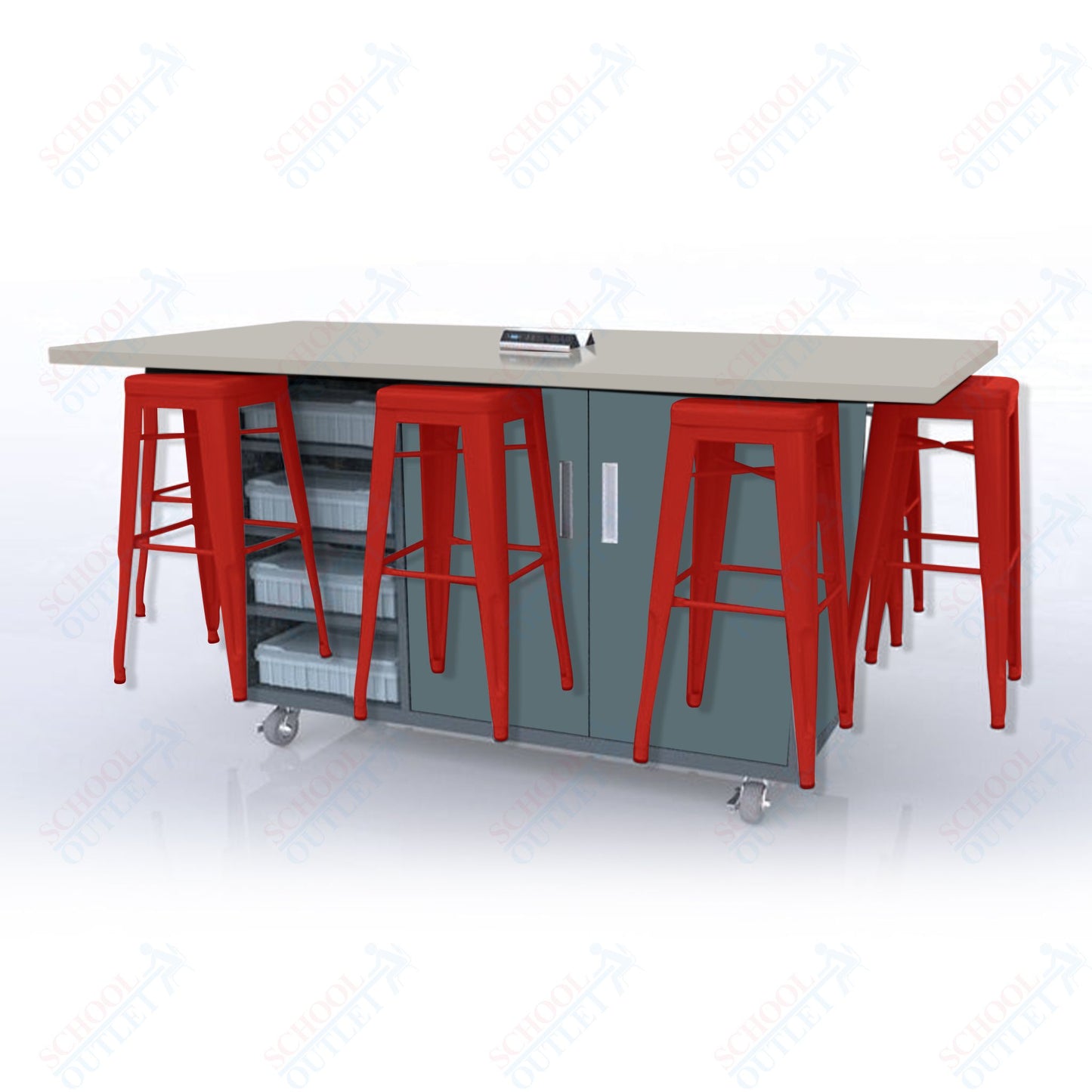 CEF ED8 Table 42"H High Pressure Laminate Top, Laminate Base with  8 Stools, Storage bins, and Electrical Outlets Included.