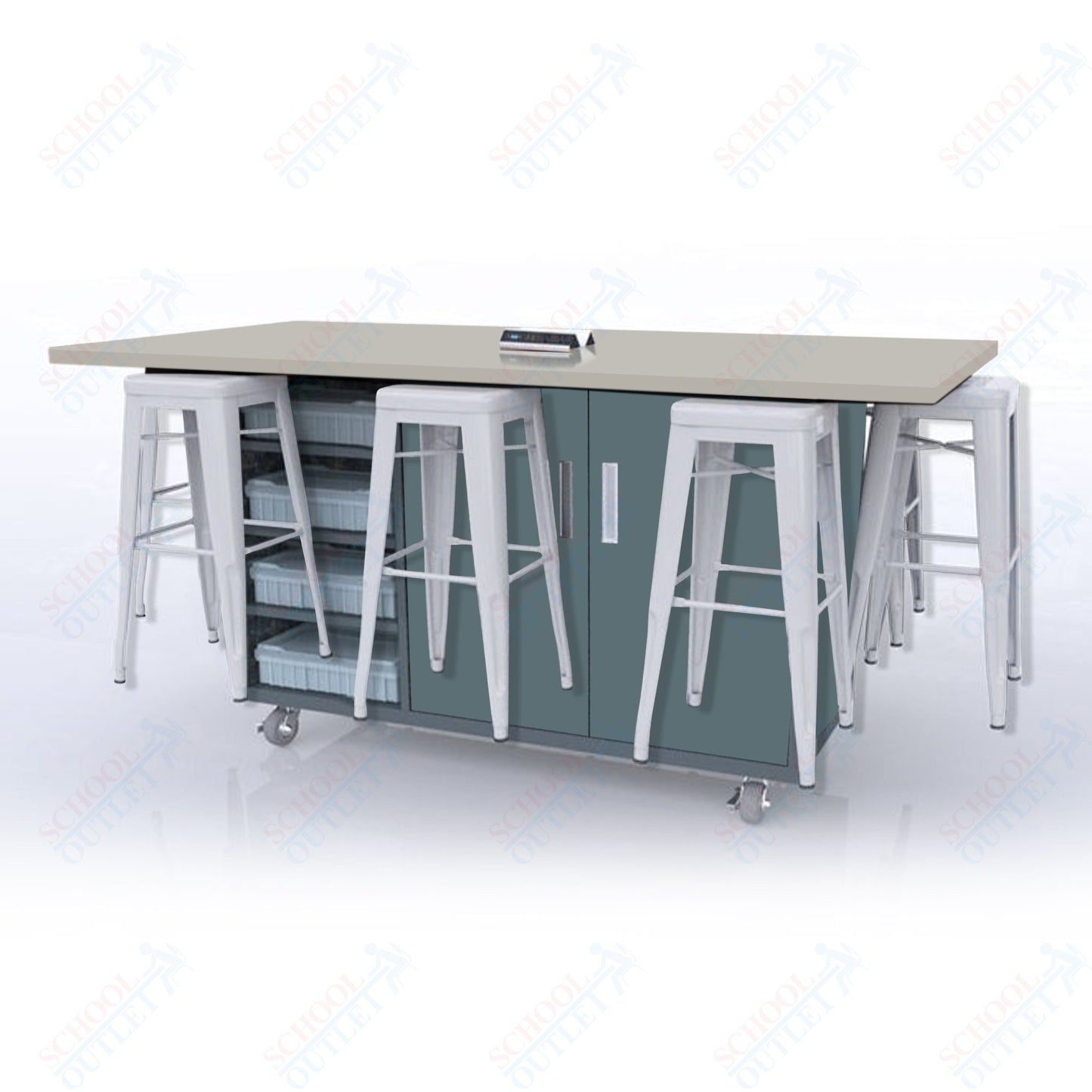 CEF ED8 Table 42"H High Pressure Laminate Top, Laminate Base with  8 Stools, Storage bins, and Electrical Outlets Included.