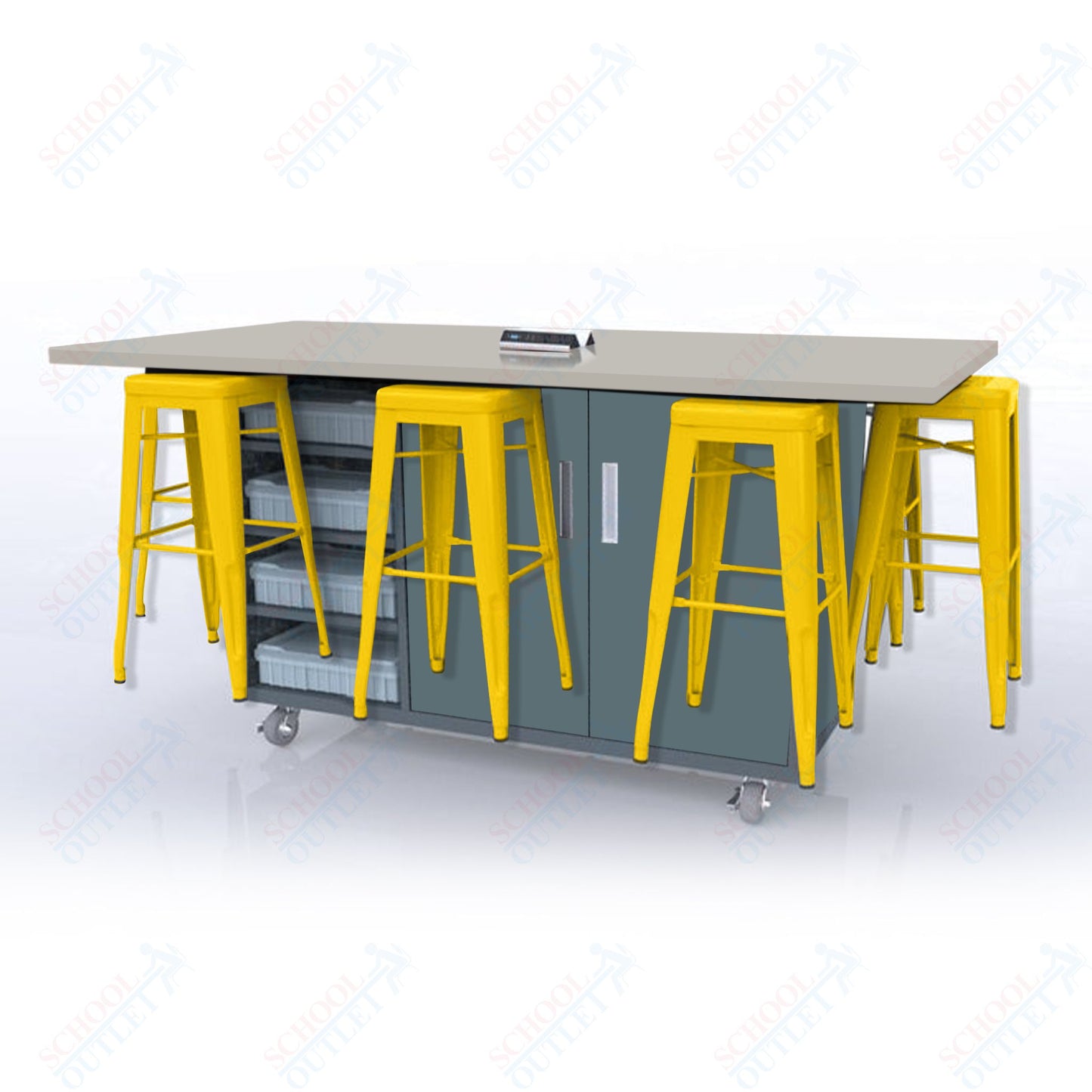 CEF ED8 Table 42"H High Pressure Laminate Top, Laminate Base with  8 Stools, Storage bins, and Electrical Outlets Included.