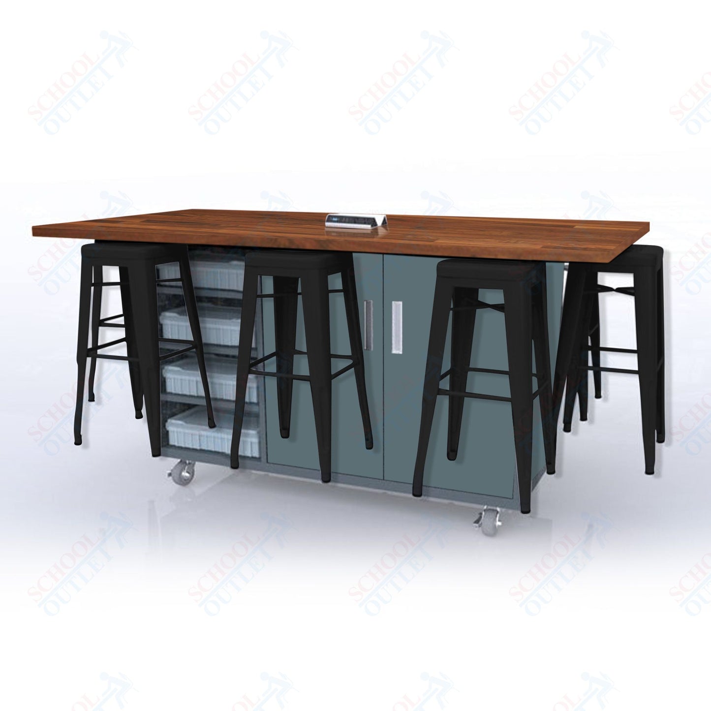 CEF ED8 Table 42"H Butcher Block Top, Laminate Base with 8 Stools, Storage bins, and Electrical Outlets Included.