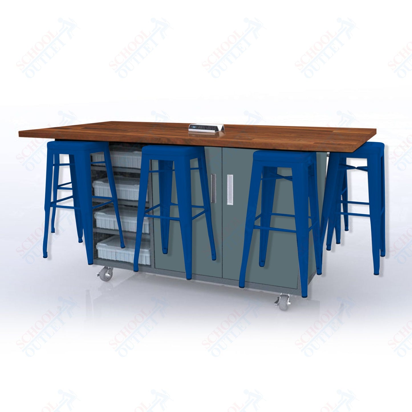 CEF ED8 Table 42"H Butcher Block Top, Laminate Base with 8 Stools, Storage bins, and Electrical Outlets Included.