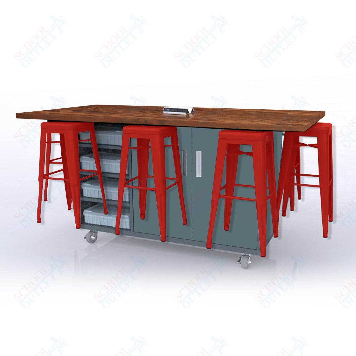 CEF ED8 Table 42"H Butcher Block Top, Laminate Base with 8 Stools, Storage bins, and Electrical Outlets Included.